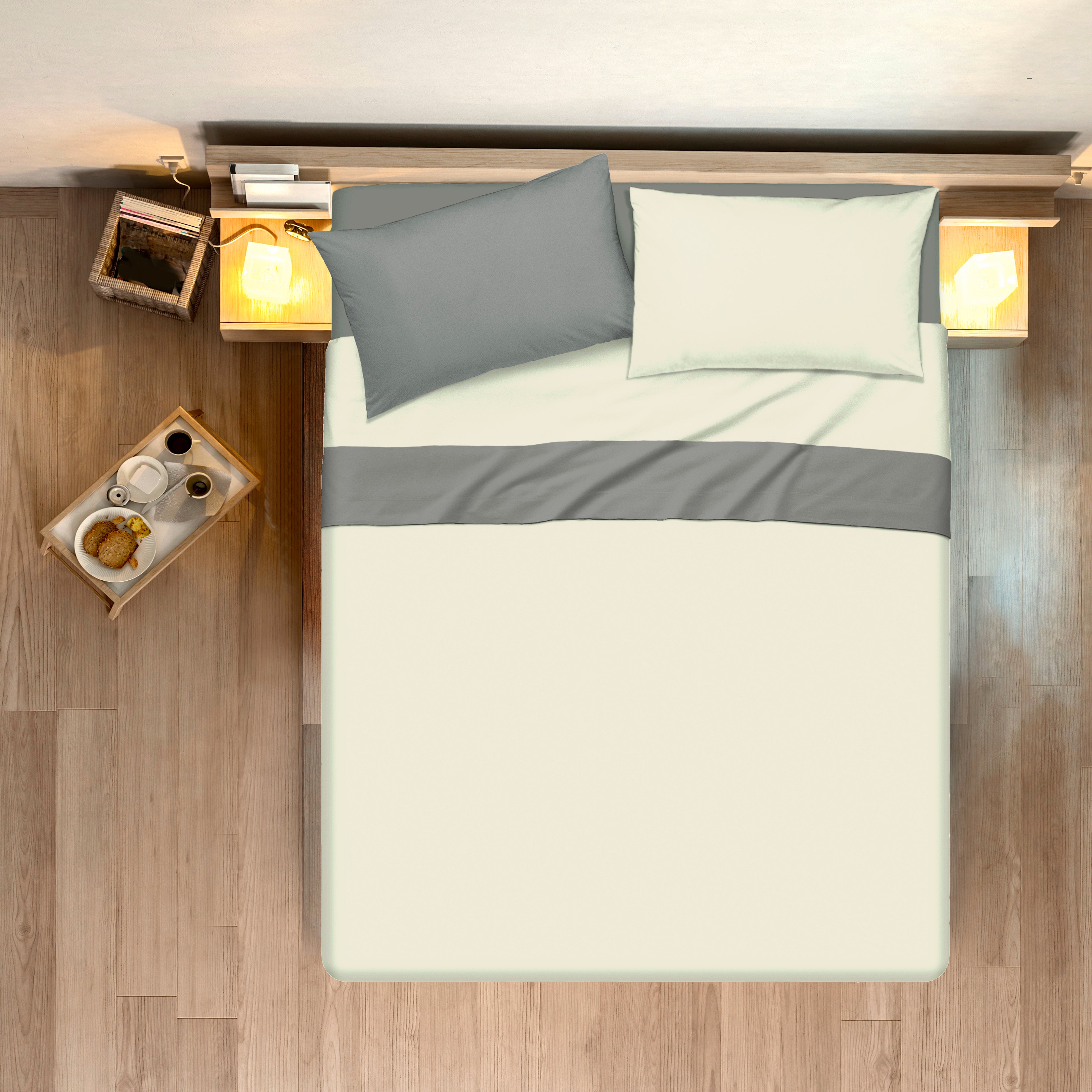 Completo letto lenzuola bicolor in 100% cotone made in Italy  NATURALE/GRIGIO FUMO