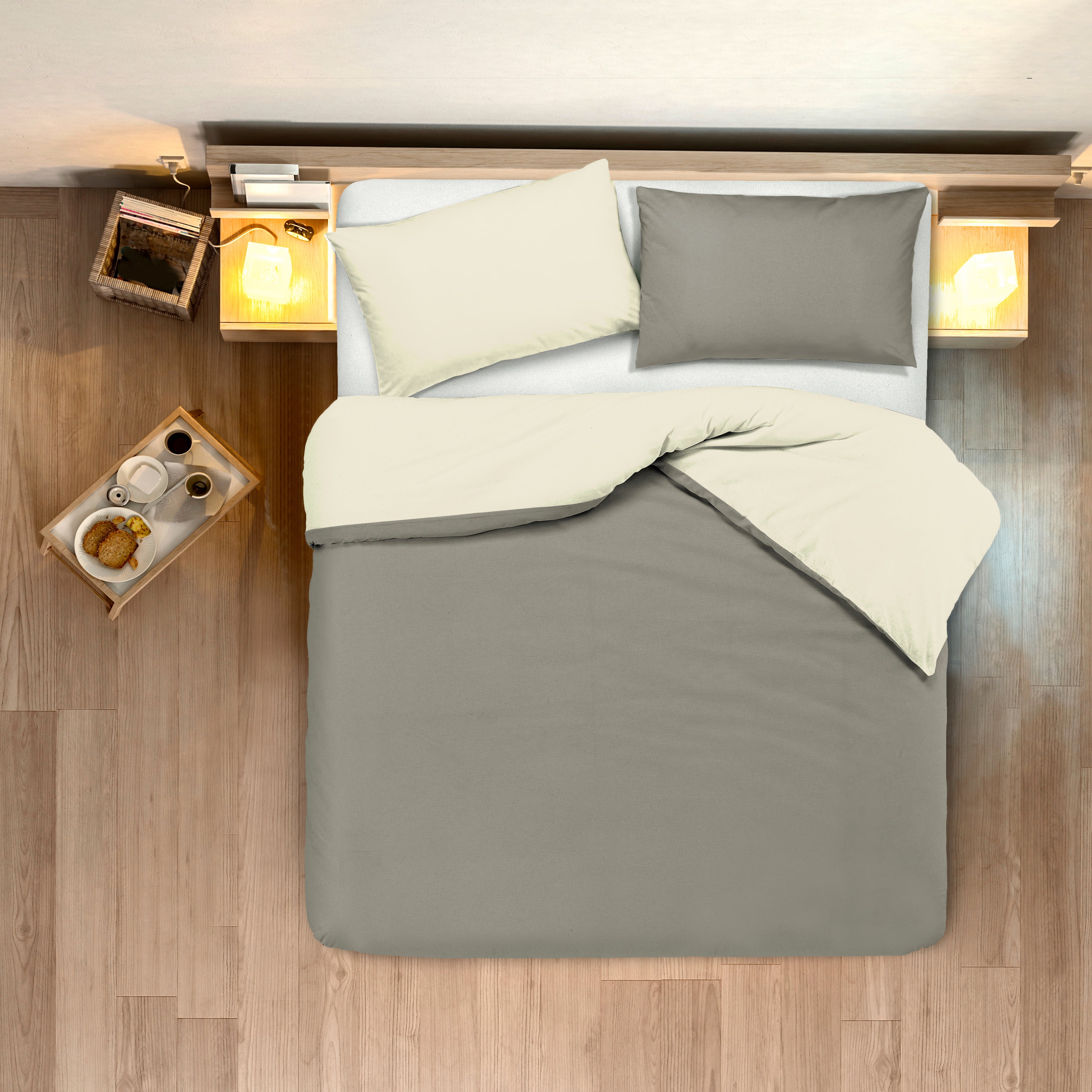 Set copripiumino federe letto bicolor double face parure copripiumino in cotone made in Italy NATURALE/TORTORA - NOVILUNIO.IT