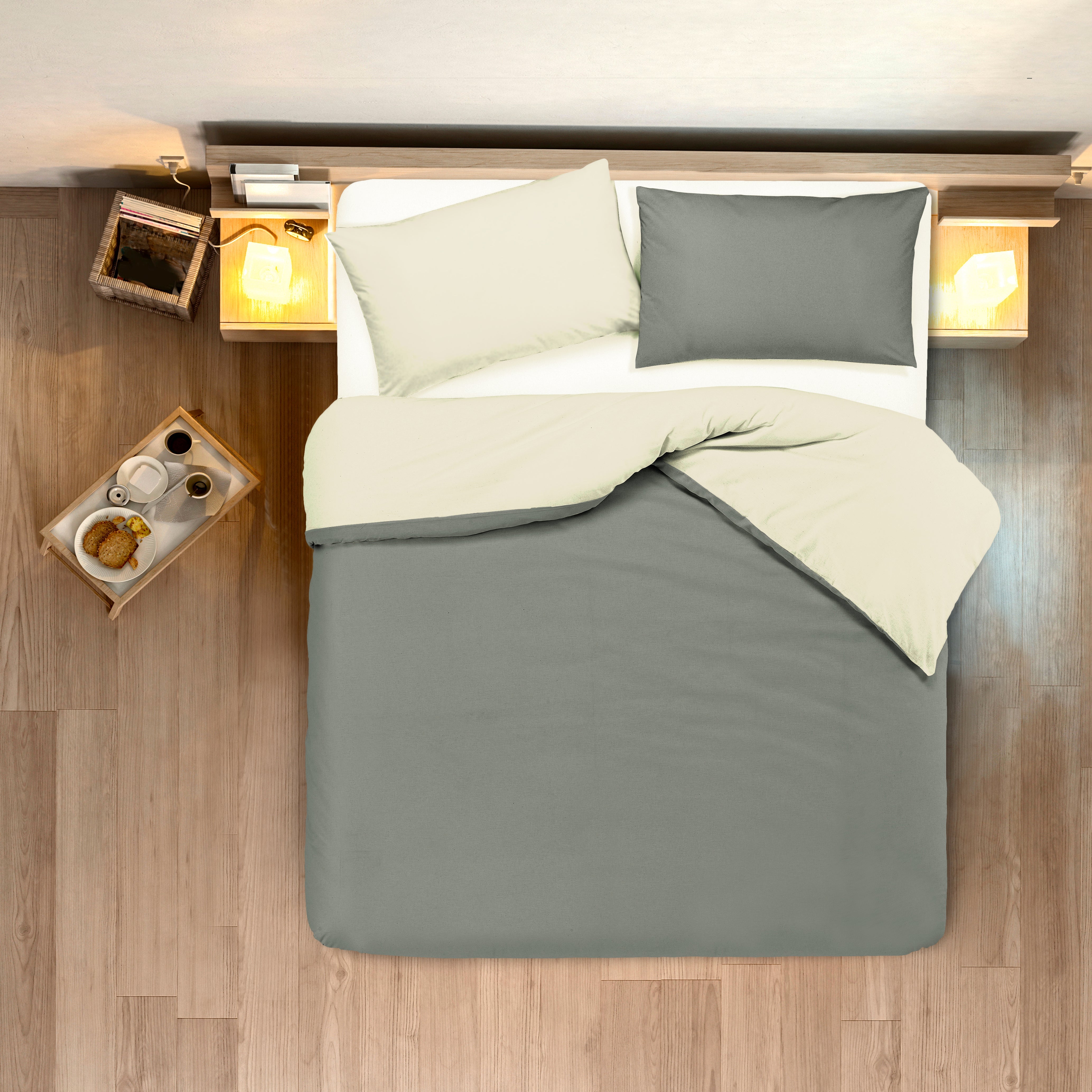 Set copripiumino federe letto bicolor double face parure copripiumino in cotone made in Italy NATURALE/FUMO - NOVILUNIO.IT
