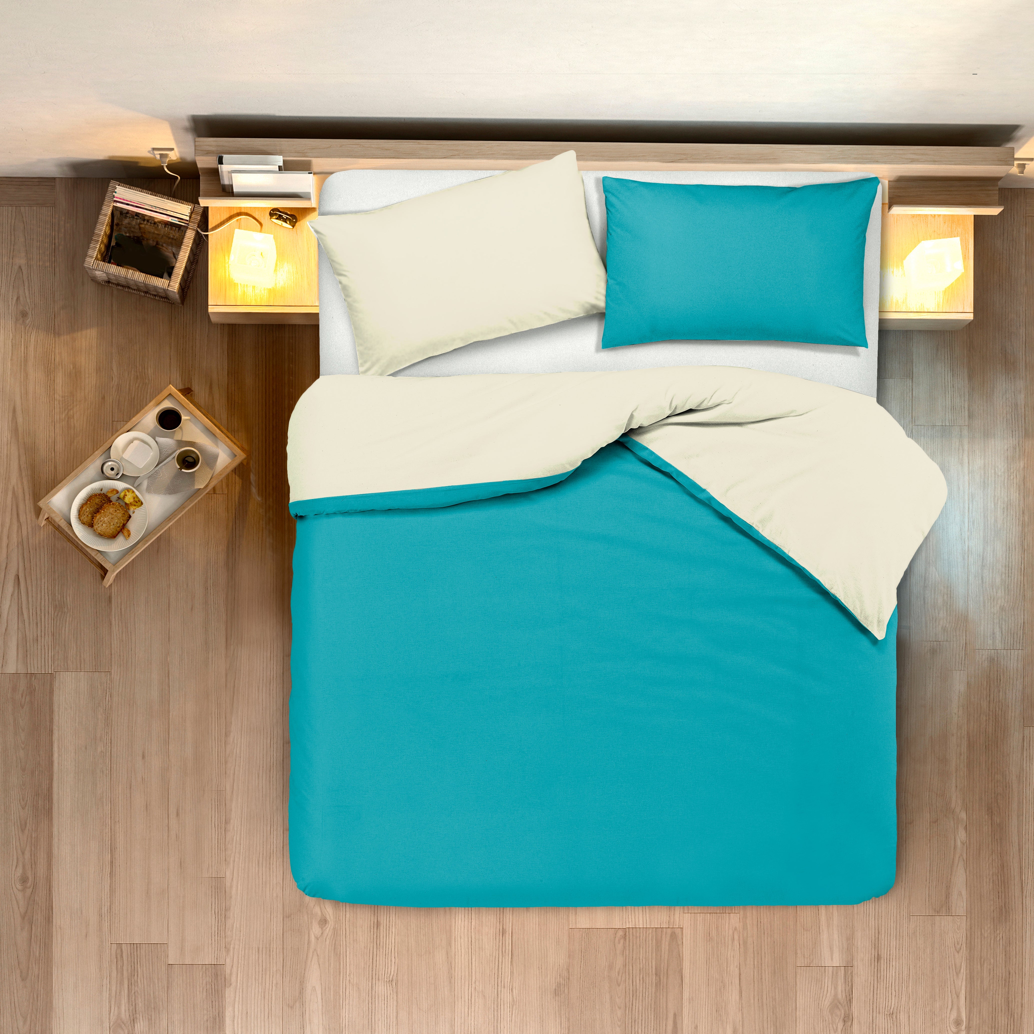 Set copripiumino federe letto bicolor double face parure copripiumino in cotone made in Italy NATURALE/VERDE AZZORRE - NOVILUNIO.IT