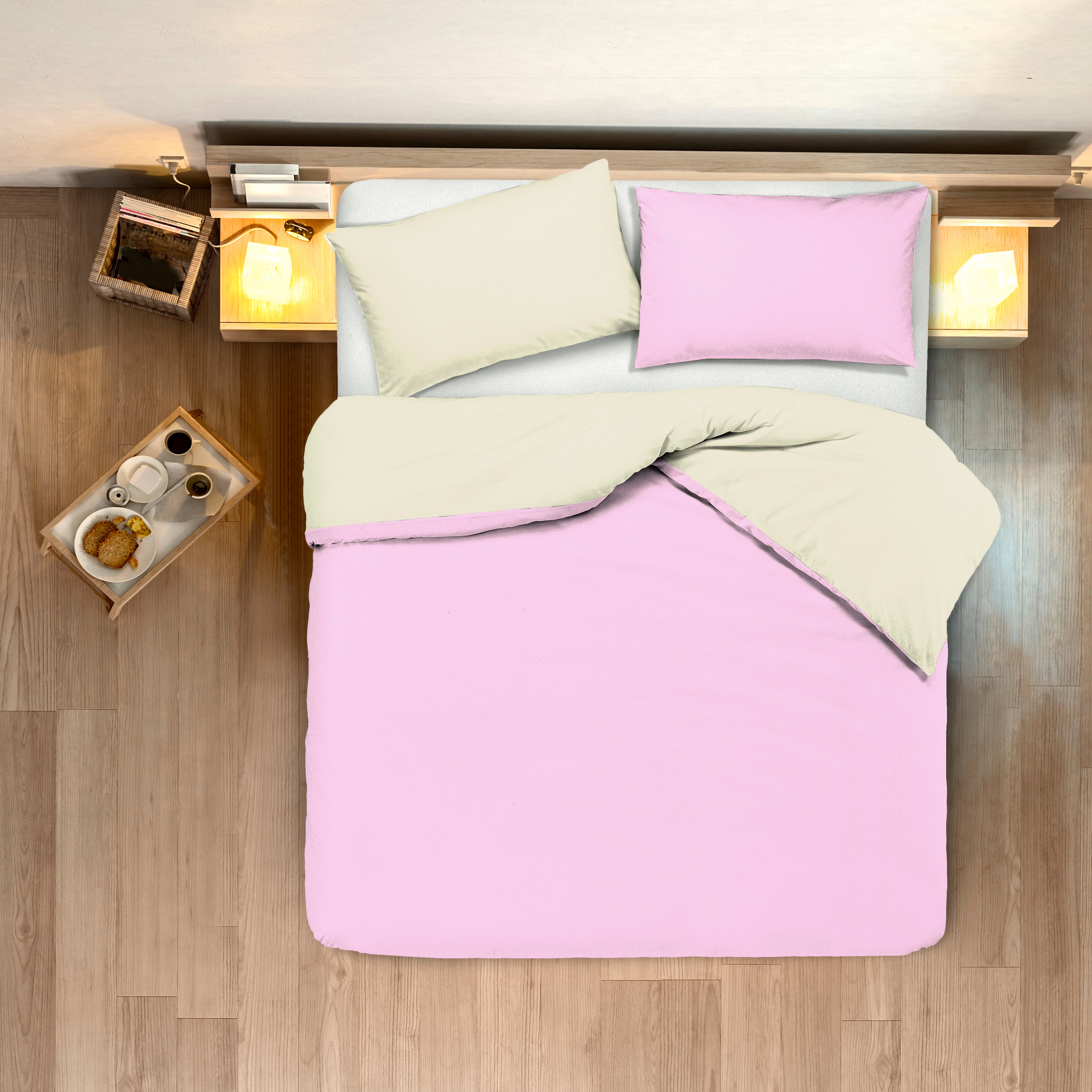 Set copripiumino federe letto bicolor double face parure copripiumino in cotone made in Italy NATURALE/ROSA - NOVILUNIO.IT