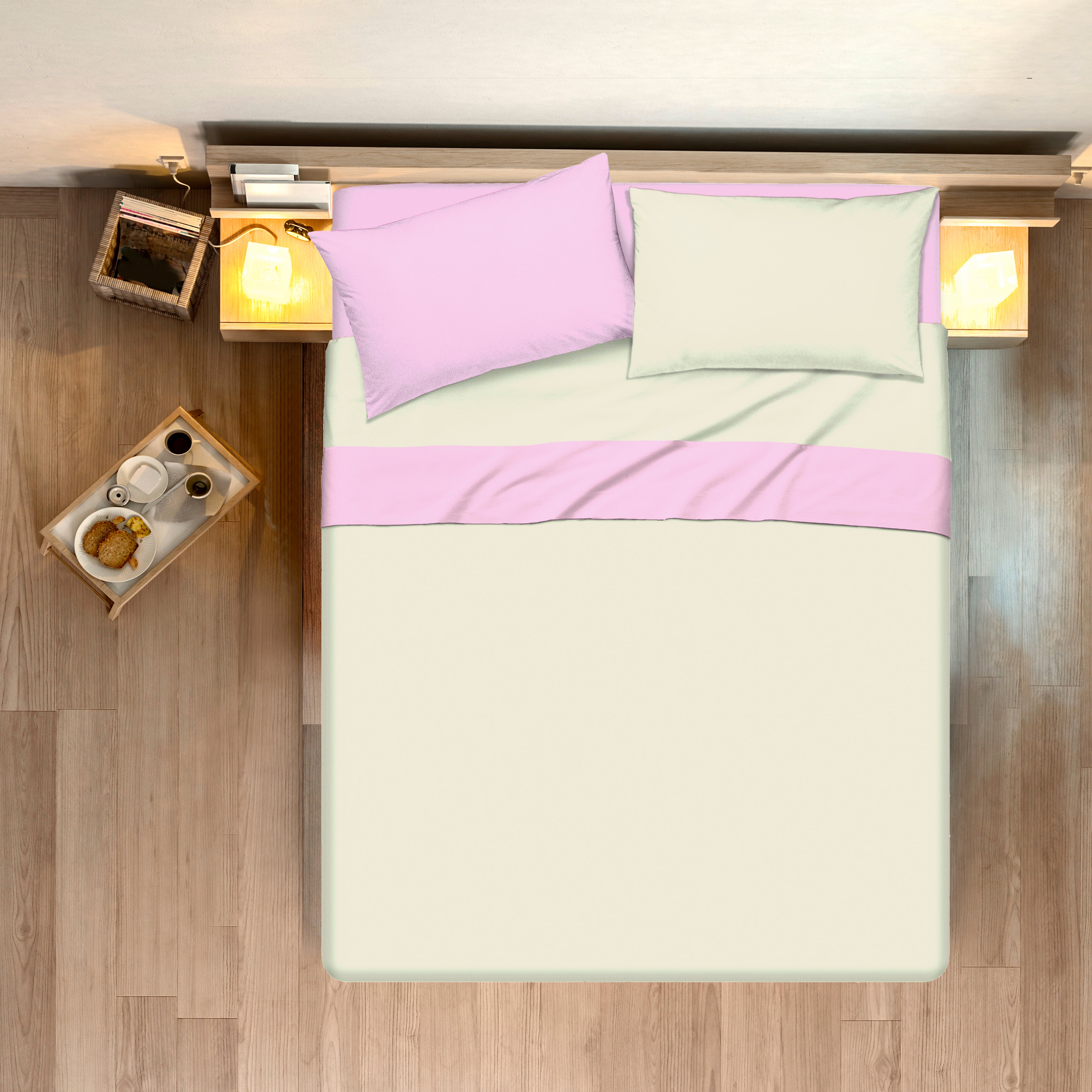 Completo letto lenzuola bicolor in 100% cotone made in Italy NATURALE/ROSA