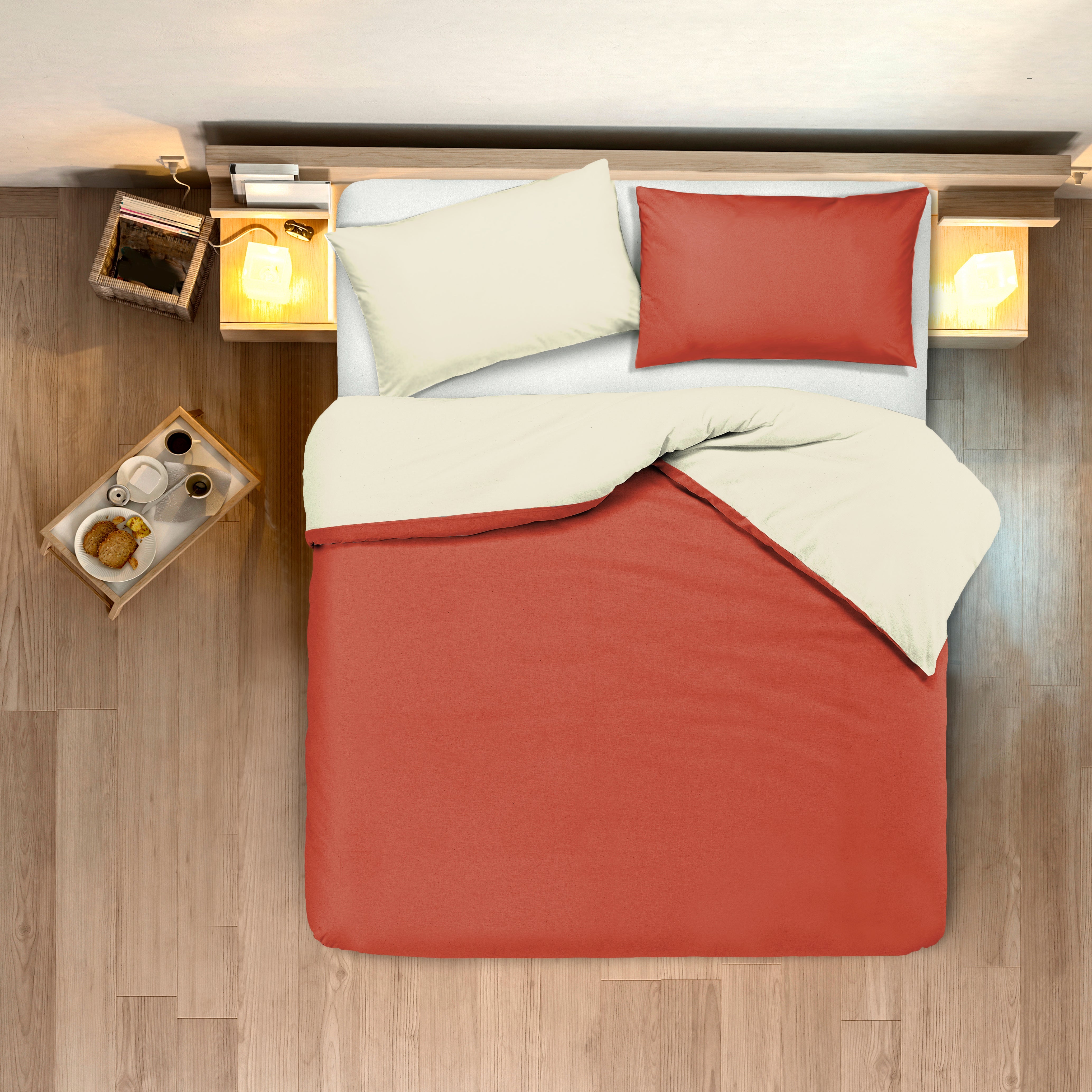 Set copripiumino federe letto bicolor double face parure copripiumino in cotone made in Italy NATURALE/CORALLO - NOVILUNIO.IT