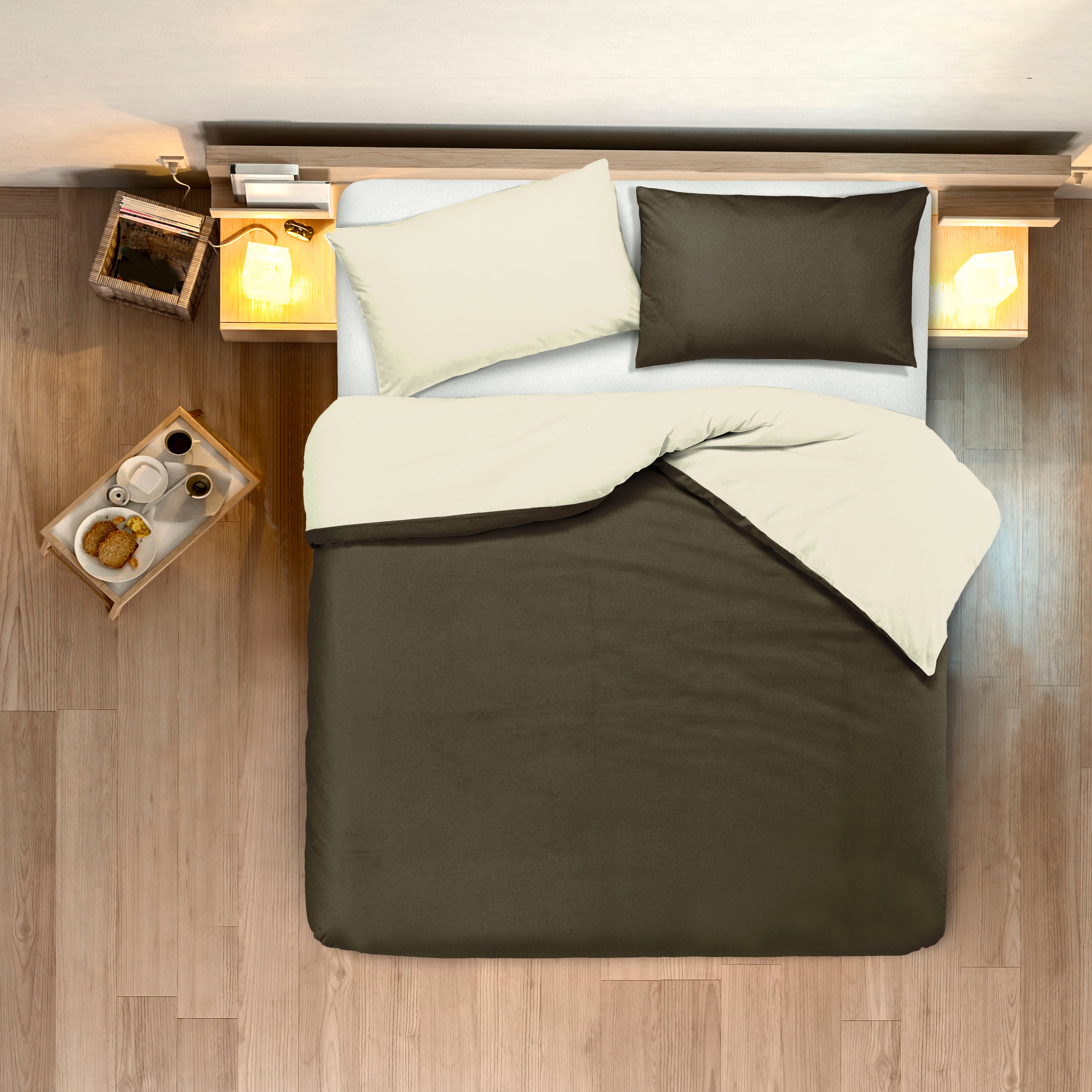 Set copripiumino federe letto bicolor double face parure copripiumino in cotone made in Italy NATURALE/CACAO - NOVILUNIO.IT