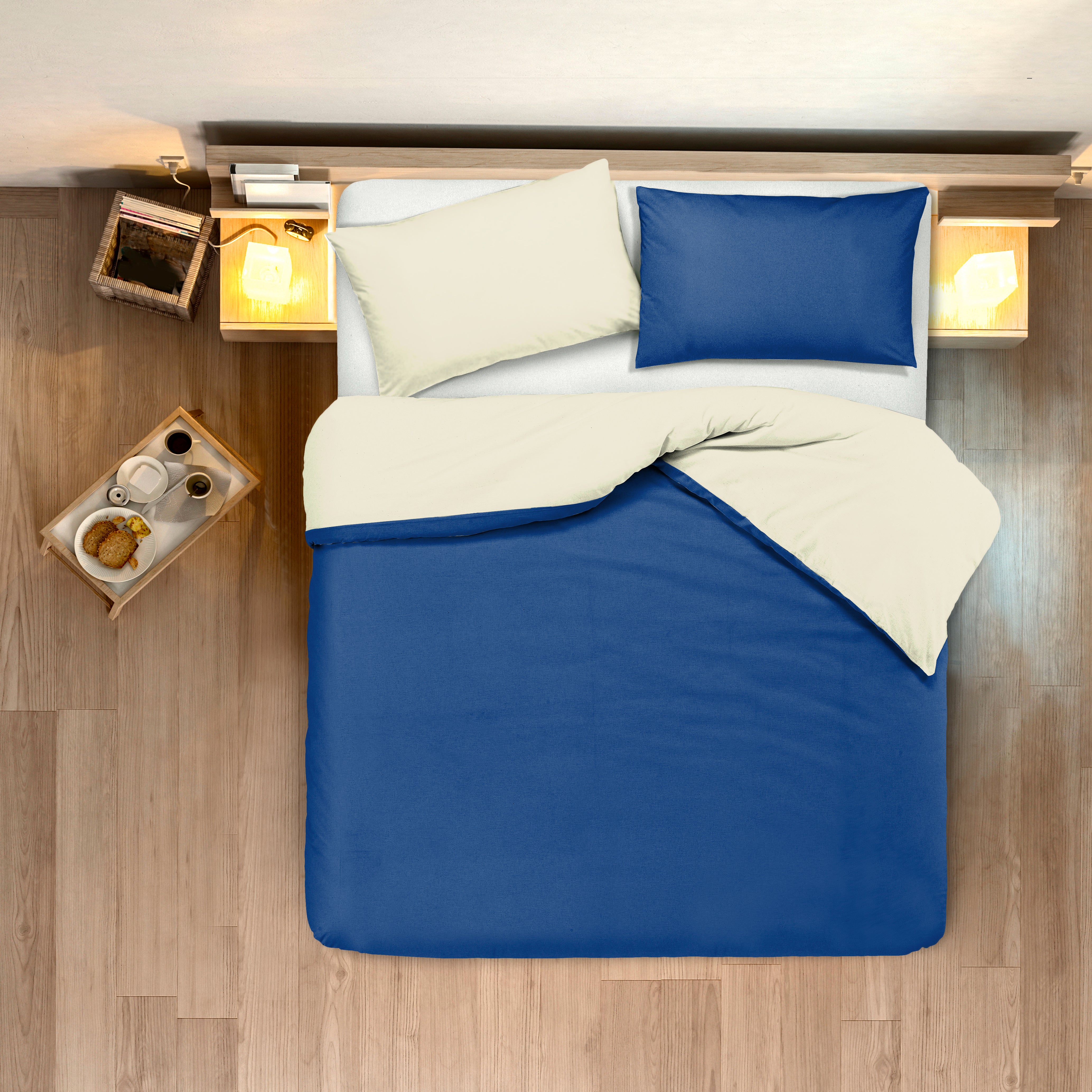 Set copripiumino federe letto bicolor double face parure copripiumino in cotone made in Italy NATURALE/BLUETTE - NOVILUNIO.IT