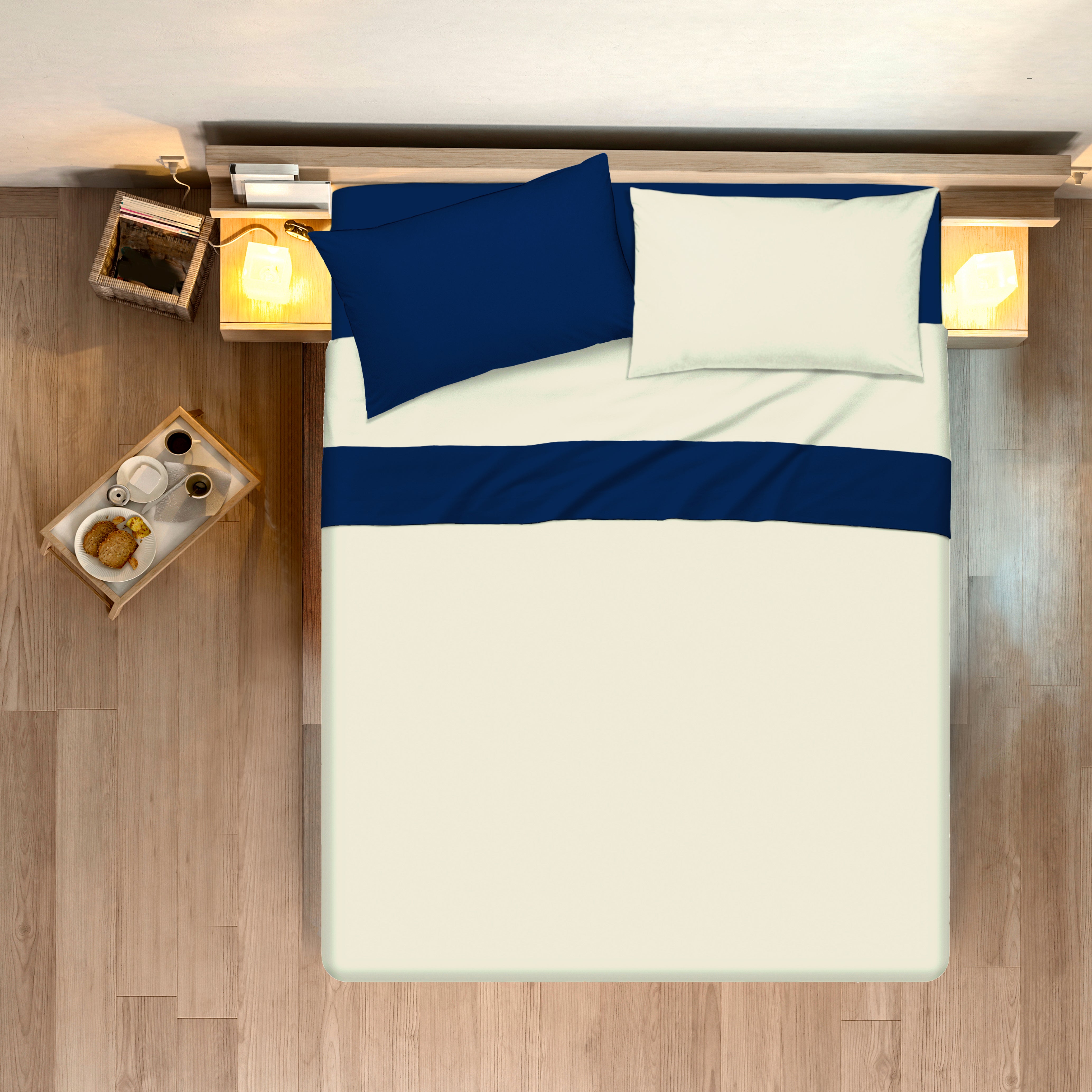 Completo letto lenzuola bicolor in 100% cotone made in Italy  NATURALE/BLU NOTTE