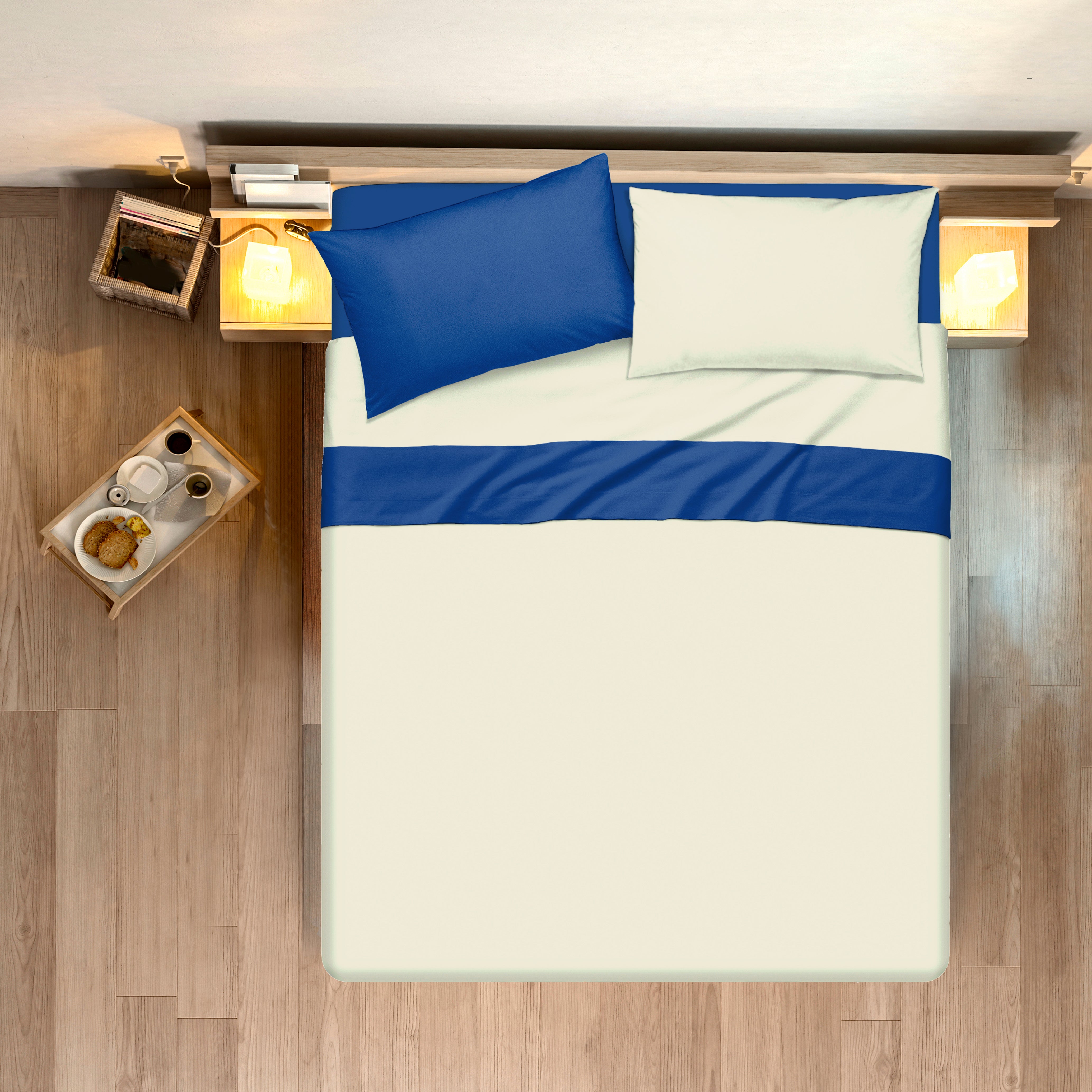 Completo letto lenzuola bicolor in 100% cotone made in Italy  NATURALE/BLUETTE