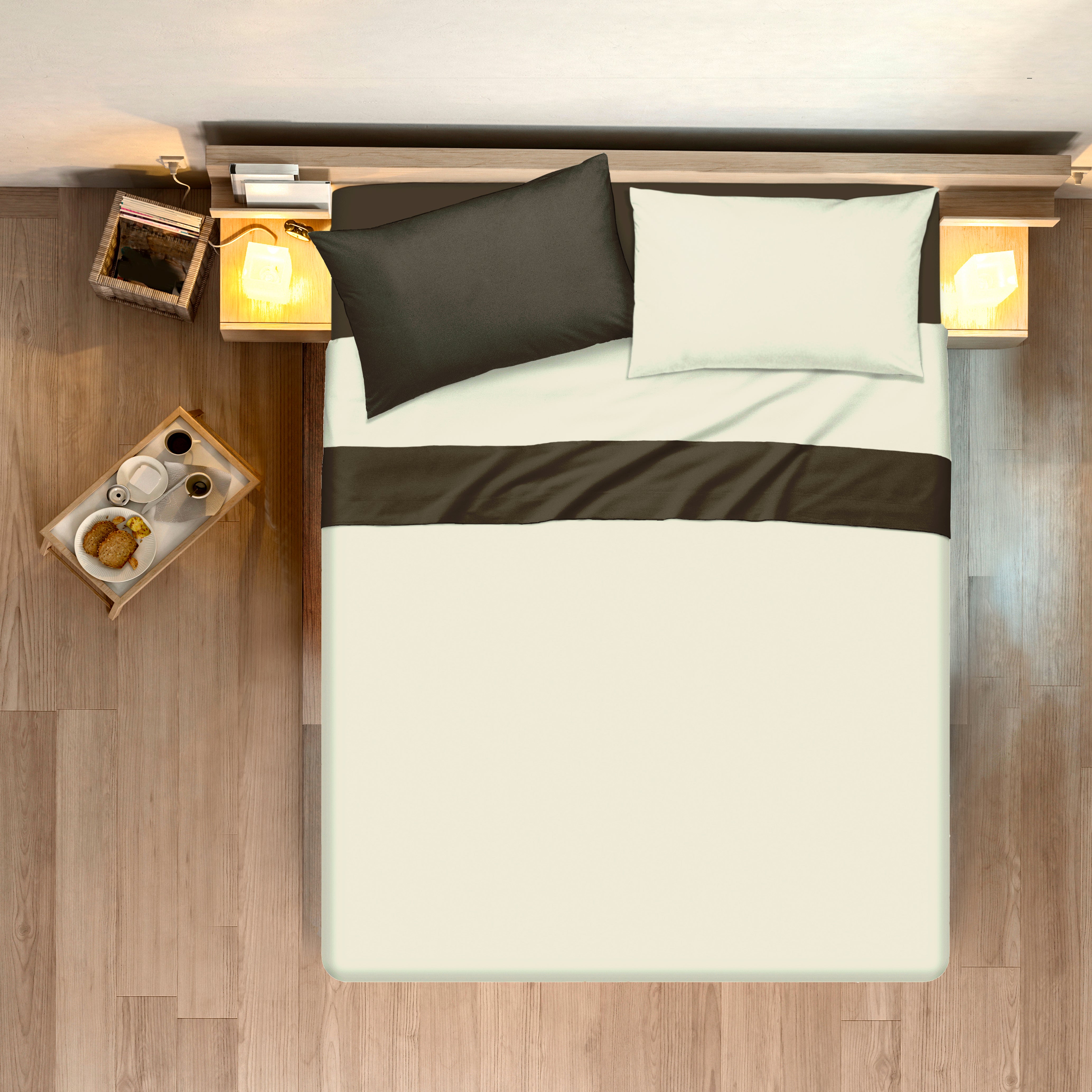 Completo letto lenzuola bicolor in 100% cotone made in Italy NATURALE/CACAO