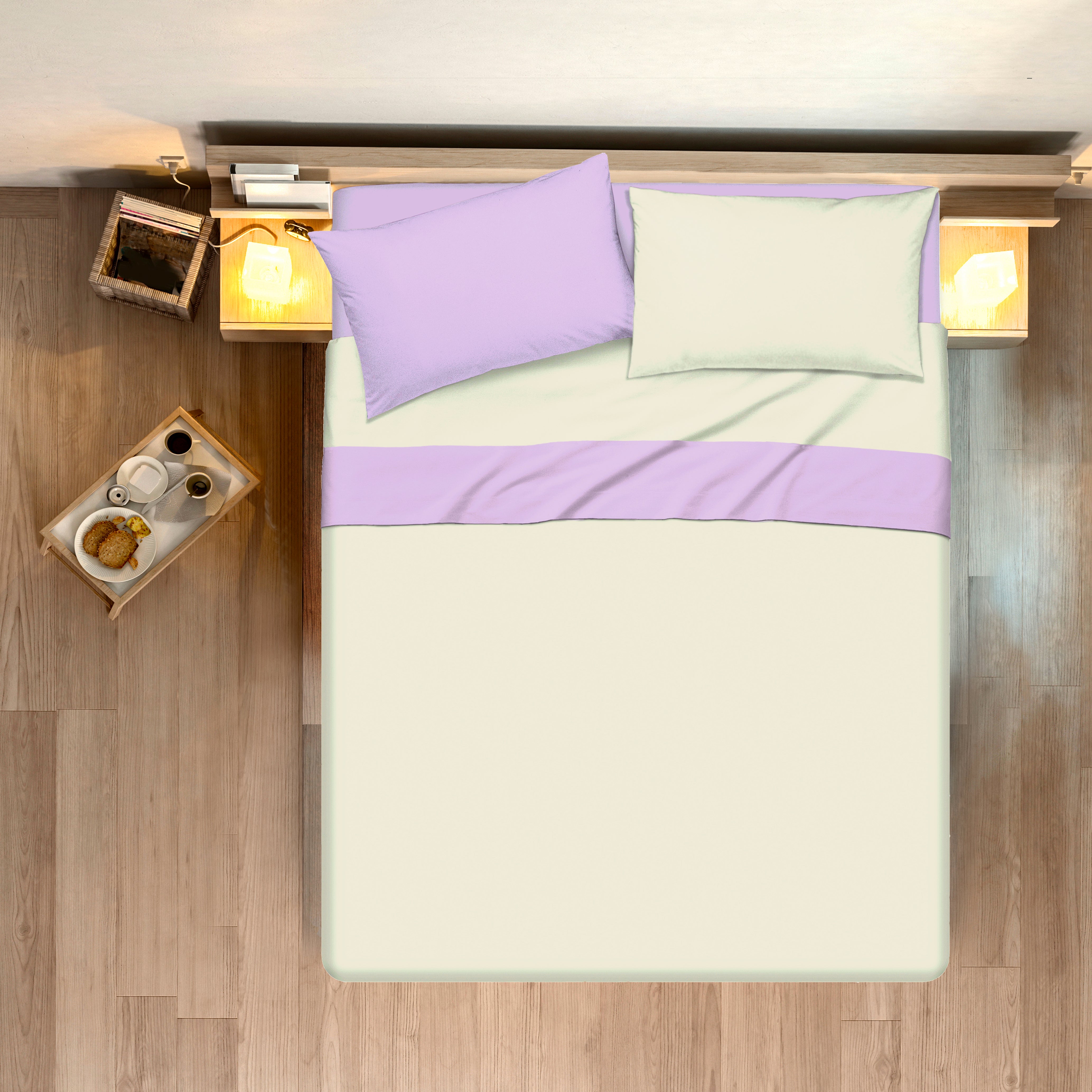 Completo letto lenzuola bicolor in 100% cotone made in Italy NATURALE/GLICINE