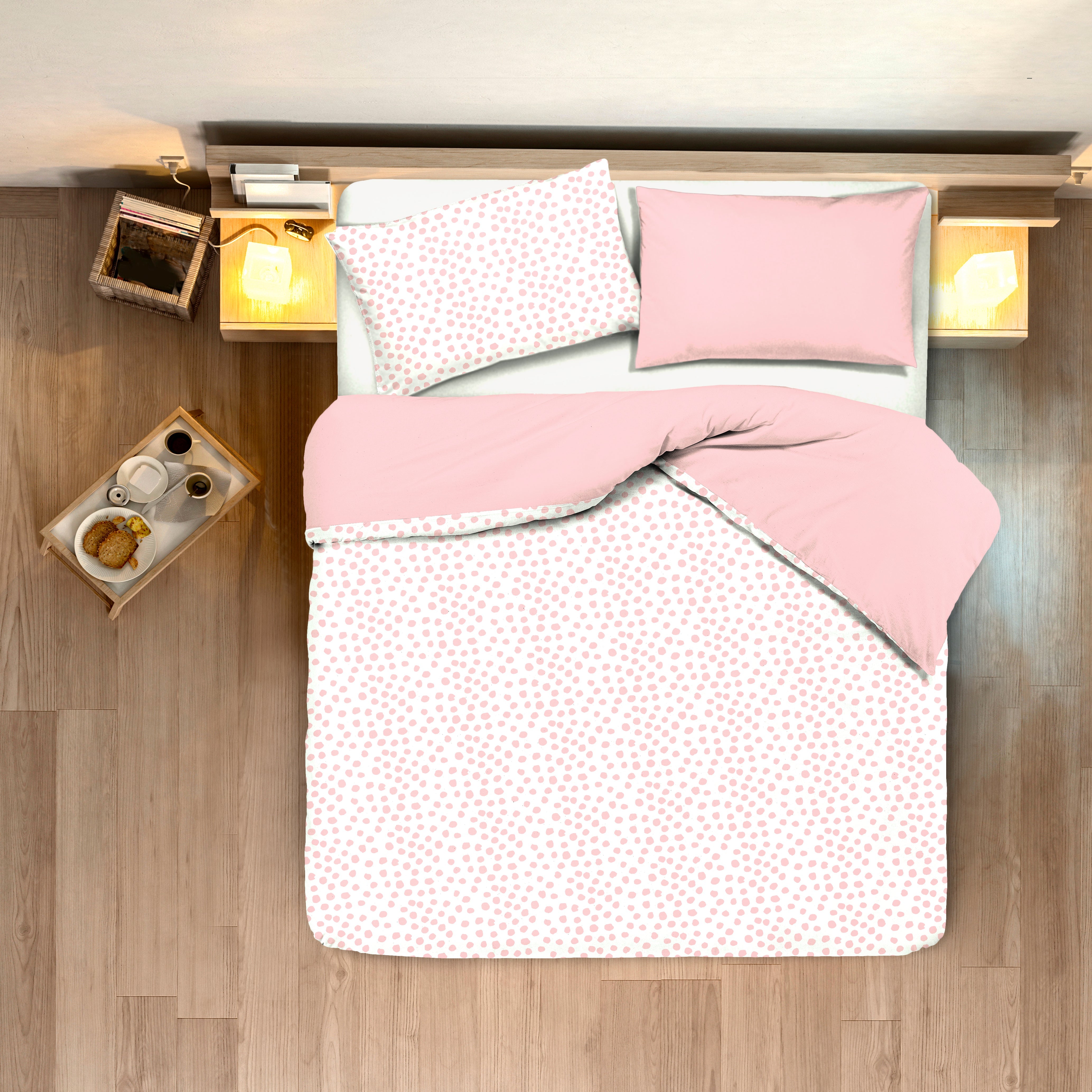 Set copripiumino federe bifaccia doubleface parure copripiumino stampa digitale 100% cotone Made in Italy DOT MINI ROSA - NOVILUNIO.IT