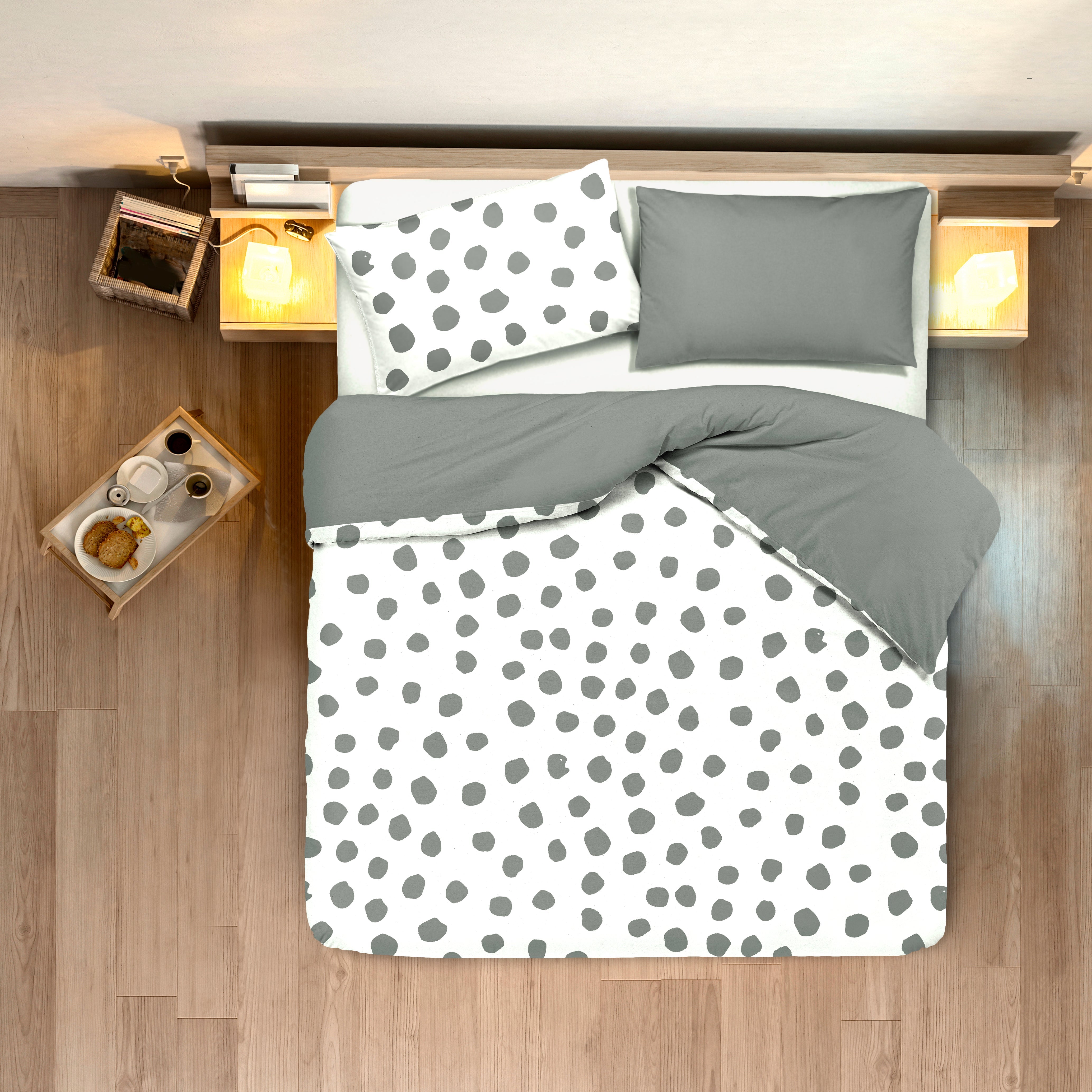 Set copripiumino federe bifaccia doubleface parure copripiumino stampa digitale 100% cotone Made in Italy DOT MAXI GRIGIO - NOVILUNIO.IT