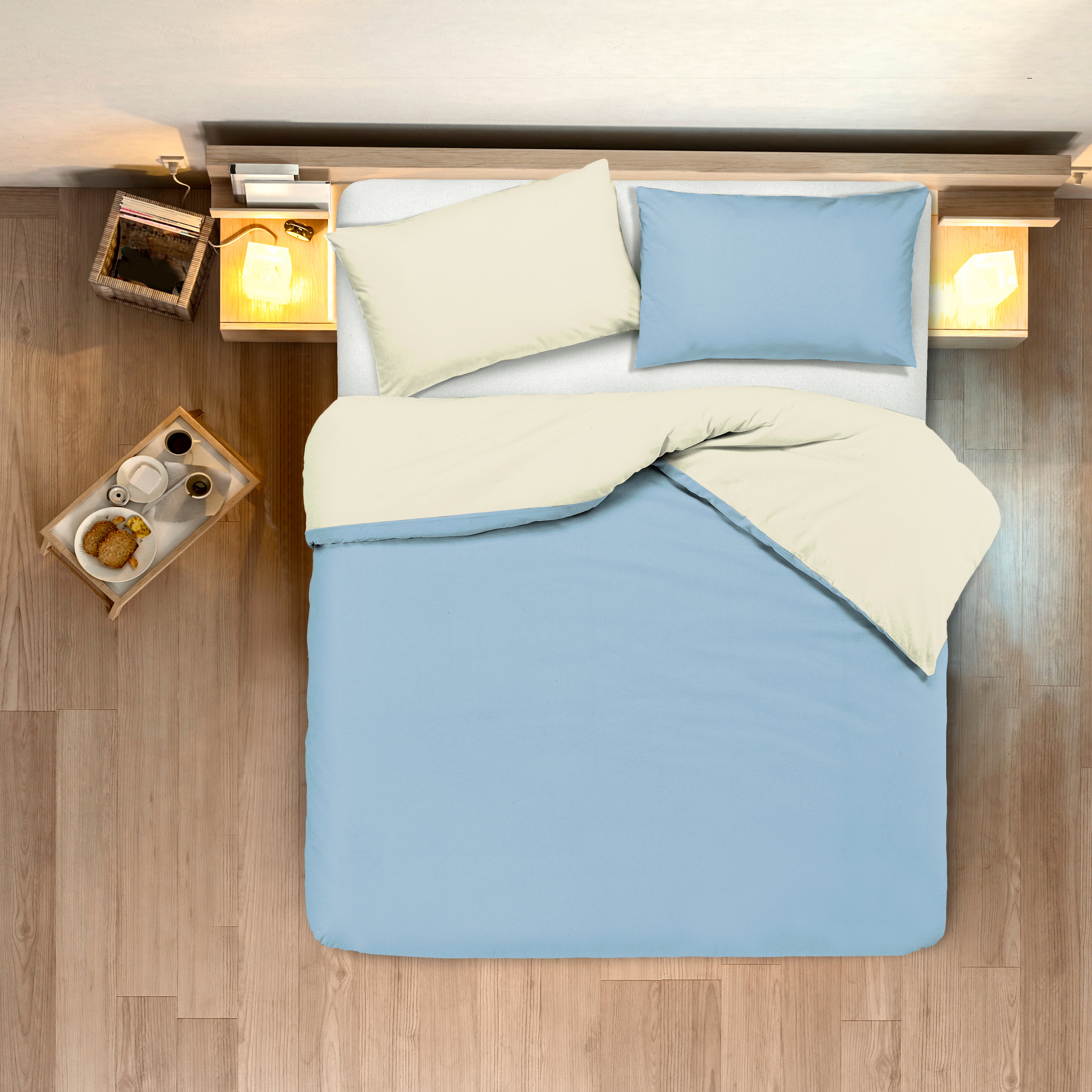 Set copripiumino federe letto bicolor double face parure copripiumino in cotone made in Italy NATURALE/CIELO - NOVILUNIO.IT