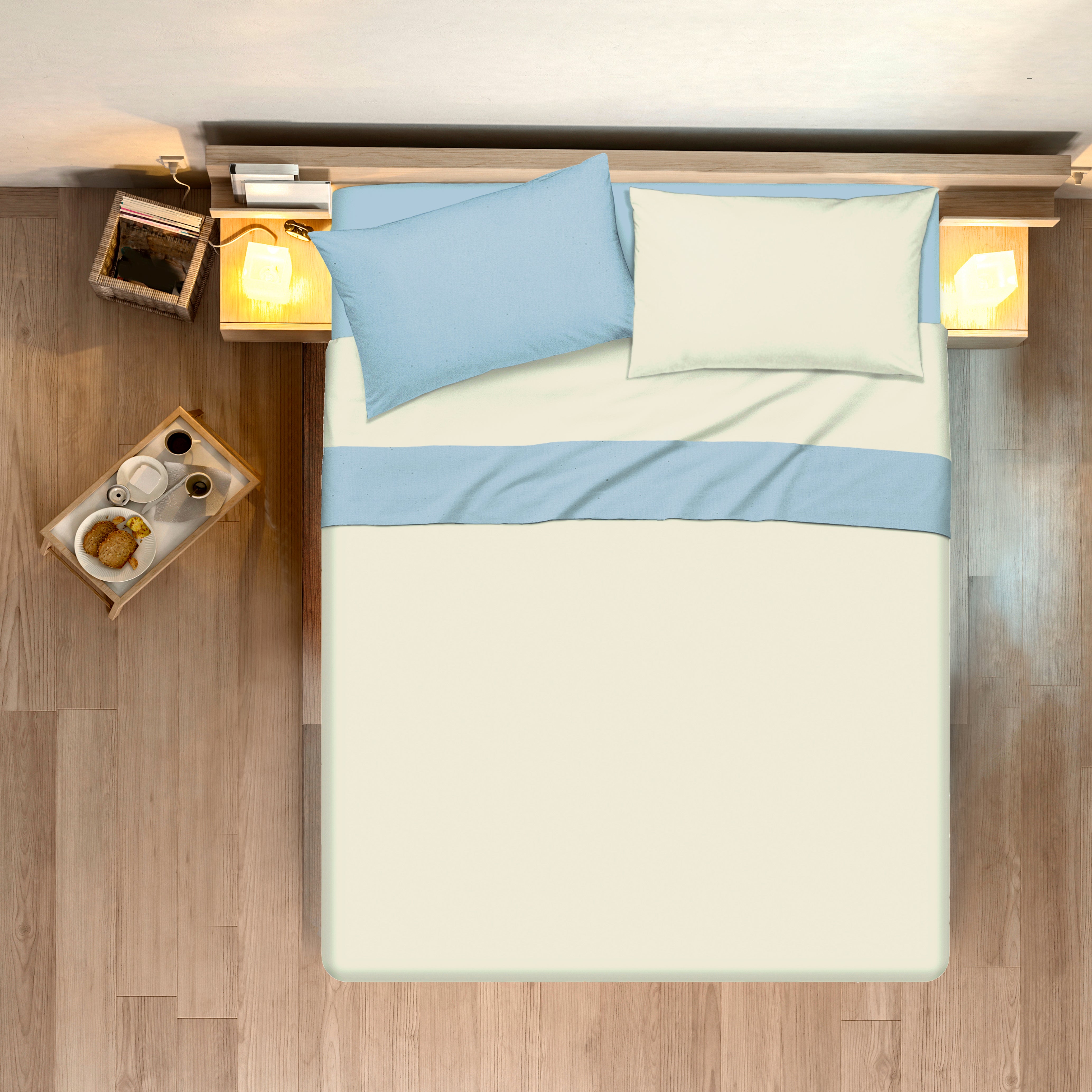 Completo letto lenzuola bicolor in 100% cotone made in Italy NATURALE/CIELO