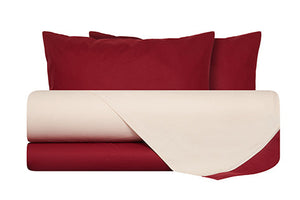 Completo letto lenzuola bicolor in 100% cotone made in Italy NATURALE/BORDEAUX
