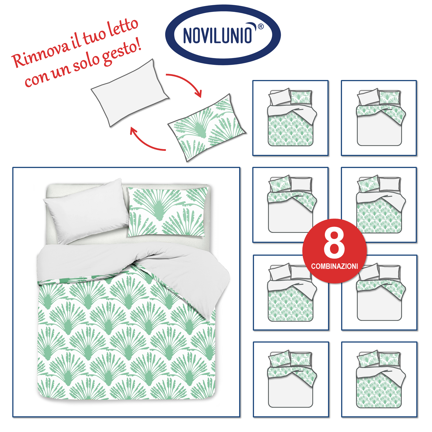 Set Copripiumino federe bifaccia Doubleface parure Copripiumino Stampa Digitale Cotone Made in Italy FELCI MULTICOLOR/BIANCO