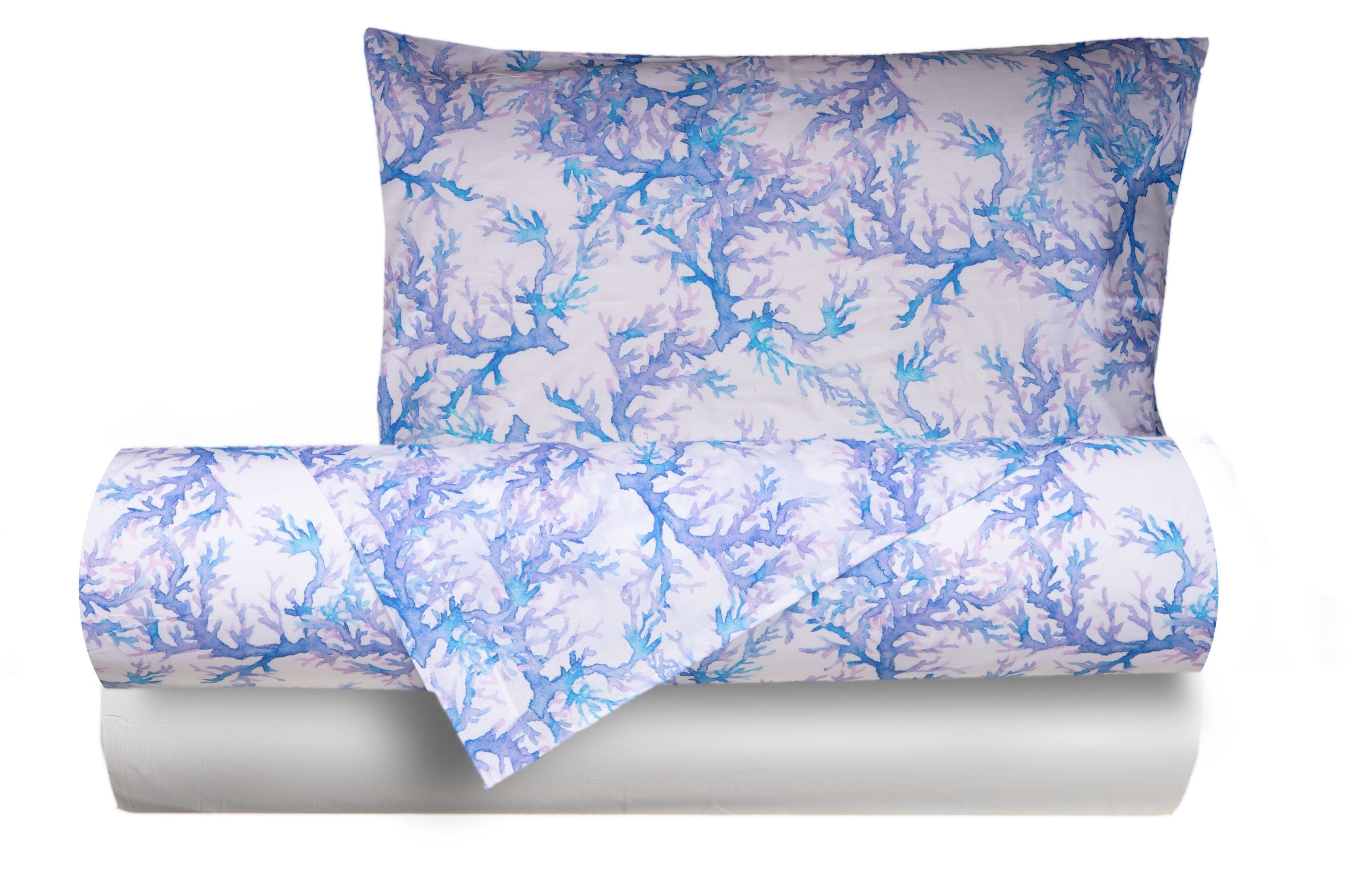 Completo letto lenzuola federe bifaccia double face stampa digitale in cotone made in italy  CORALLI ACQUARELLO/ BIANCO