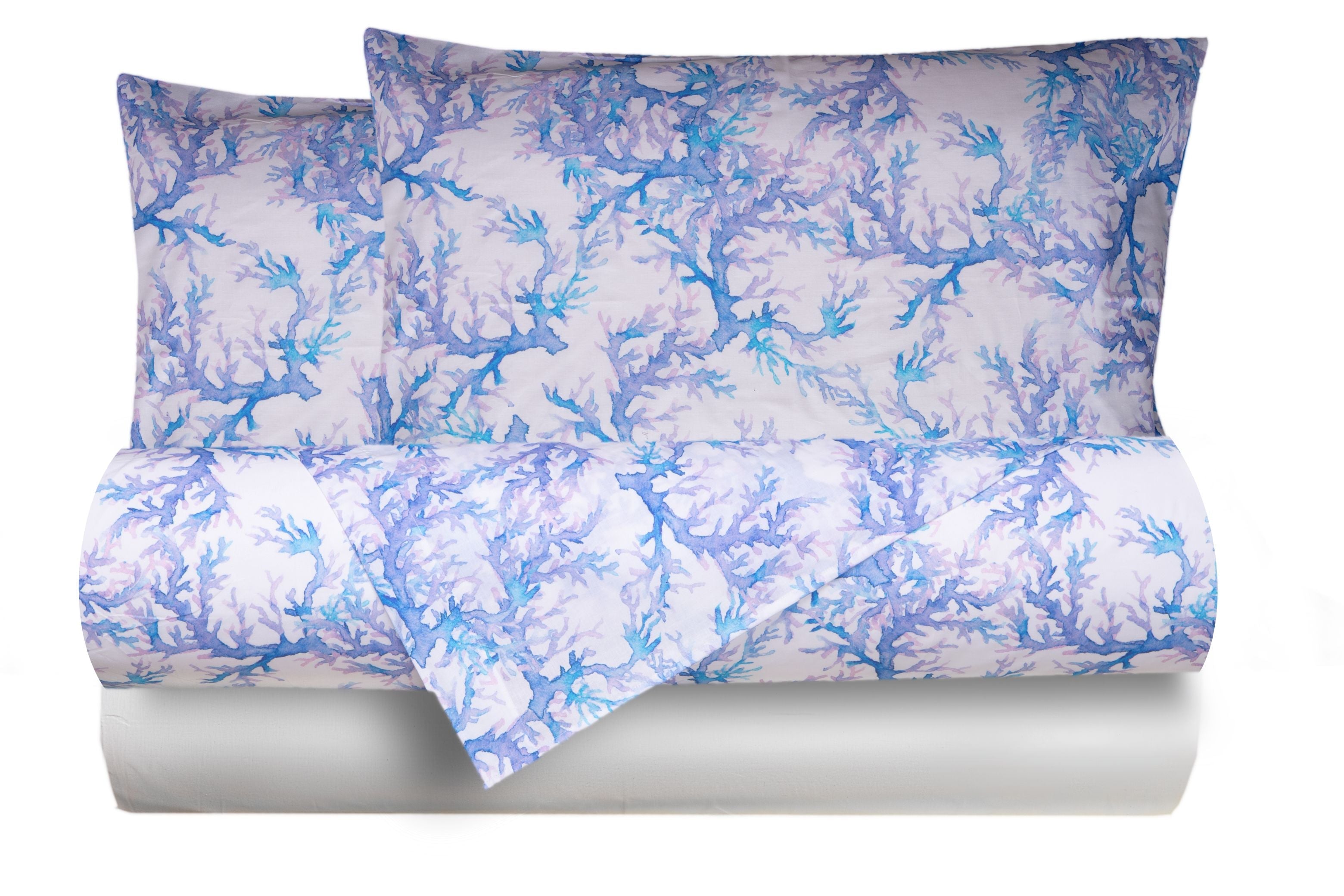 Completo letto lenzuola federe bifaccia double face stampa digitale in cotone made in italy  CORALLI ACQUARELLO/ BIANCO