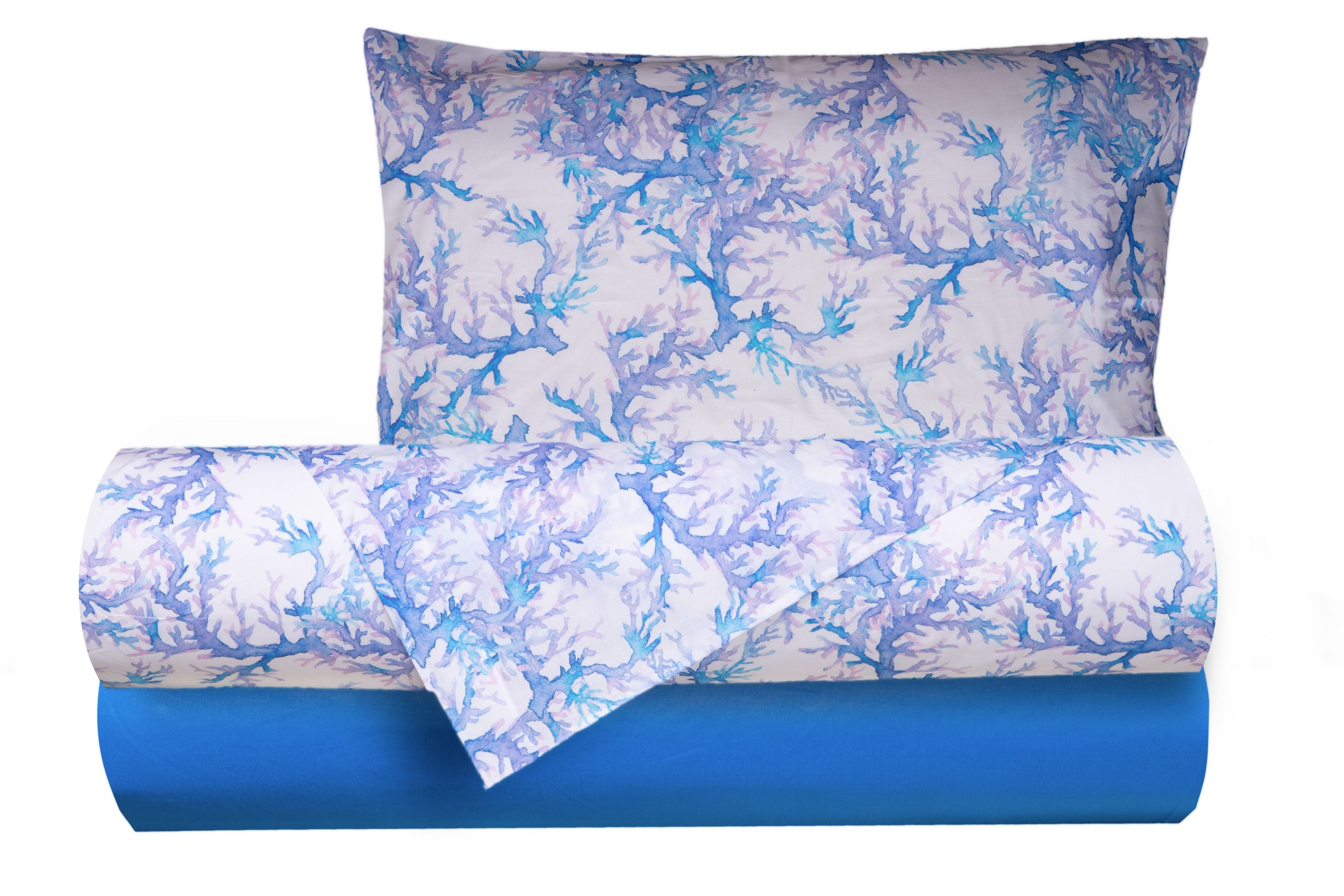 Completo letto lenzuola federe bifaccia double face stampa digitale in cotone made in italy  CORALLI ACQUARELLO / BLUETTE