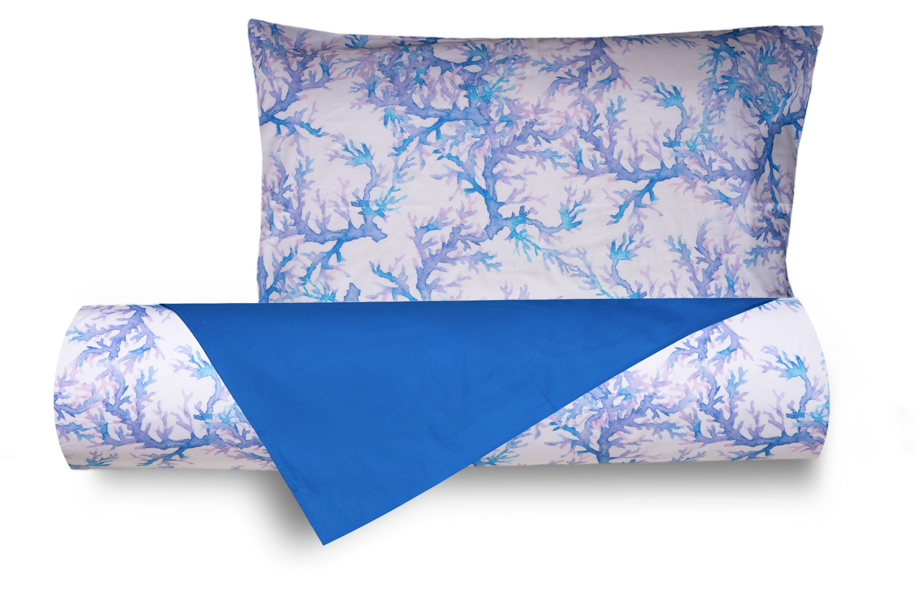 Set Copripiumino federe bifaccia Doubleface parure Copripiumino Stampa Digitale 100% Cotone Made in Italy CORALLI ACQUERELLO BLUETTE