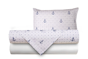 Completo letto lenzuola federe bifaccia double face stampa digitale in cotone made in italy  ANCORE / BIANCO