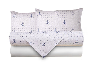 Completo letto lenzuola federe bifaccia double face stampa digitale in cotone made in italy  ANCORE / BIANCO