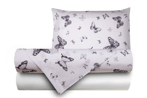 Completo letto lenzuola federe bifaccia double face stampa digitale in cotone made in italy FARFALLE BIANCO-NERO/BIANCO