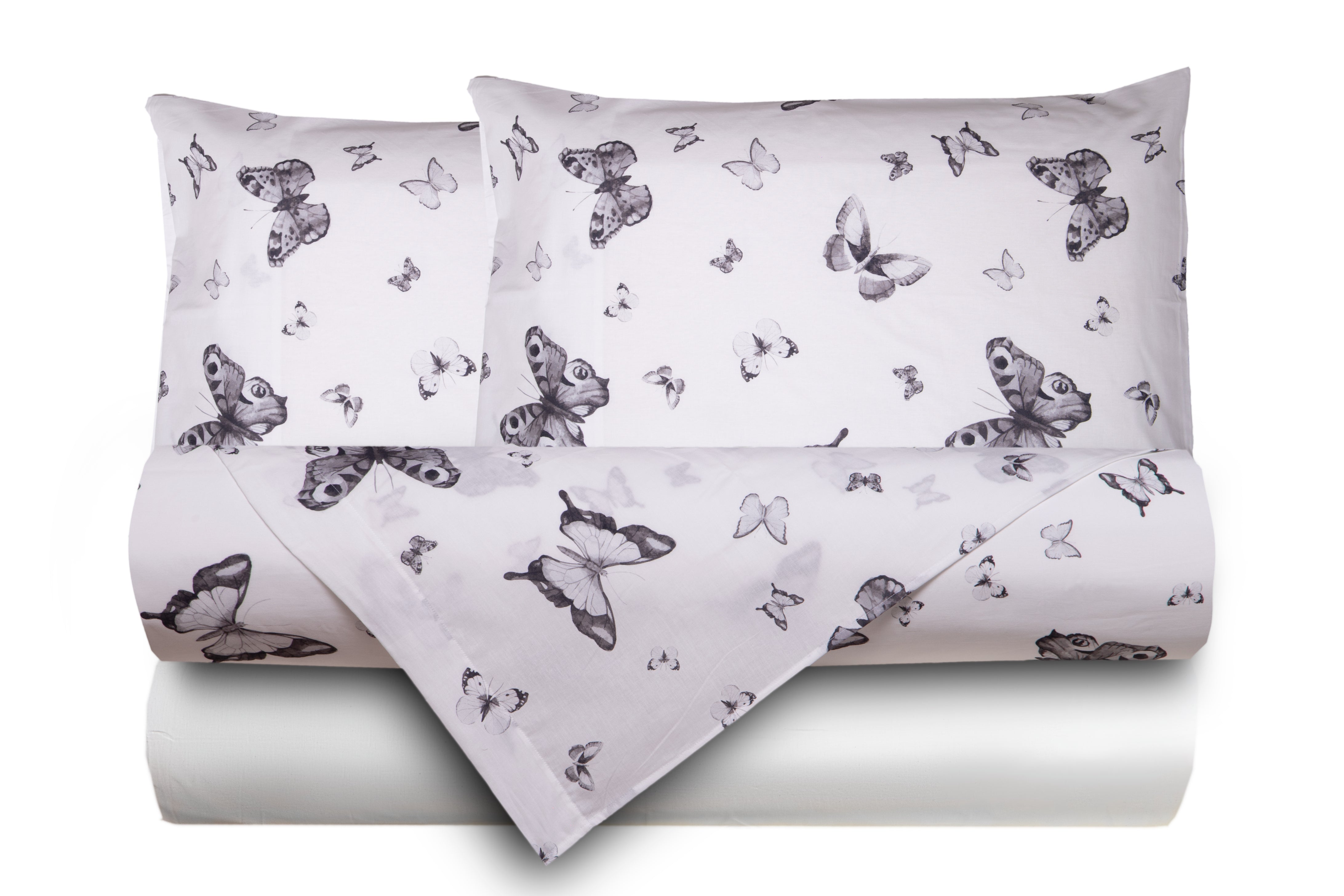 Completo letto lenzuola federe bifaccia double face stampa digitale in cotone made in italy FARFALLE BIANCO-NERO/BIANCO