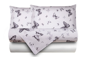 Completo letto lenzuola federe bifaccia double face stampa digitale in cotone made in italy FARFALLE BIANCO-NERO/BIANCO