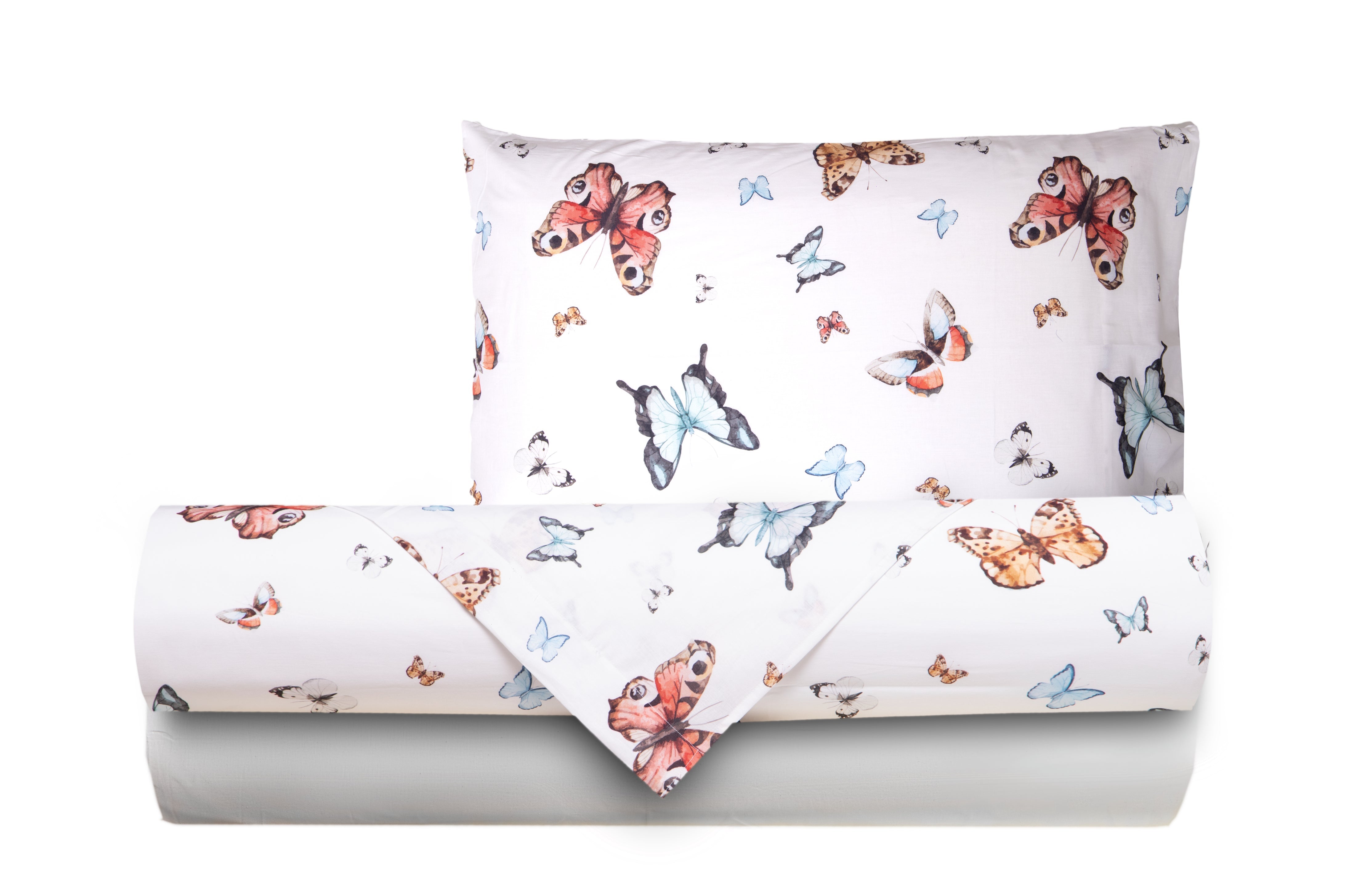 Completo letto lenzuola federe bifaccia double face stampa digitale in cotone made in italy FARFALLE MULTICOLOR/BIANCO