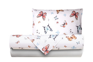 Completo letto lenzuola federe bifaccia double face stampa digitale in cotone made in italy FARFALLE MULTICOLOR/BIANCO
