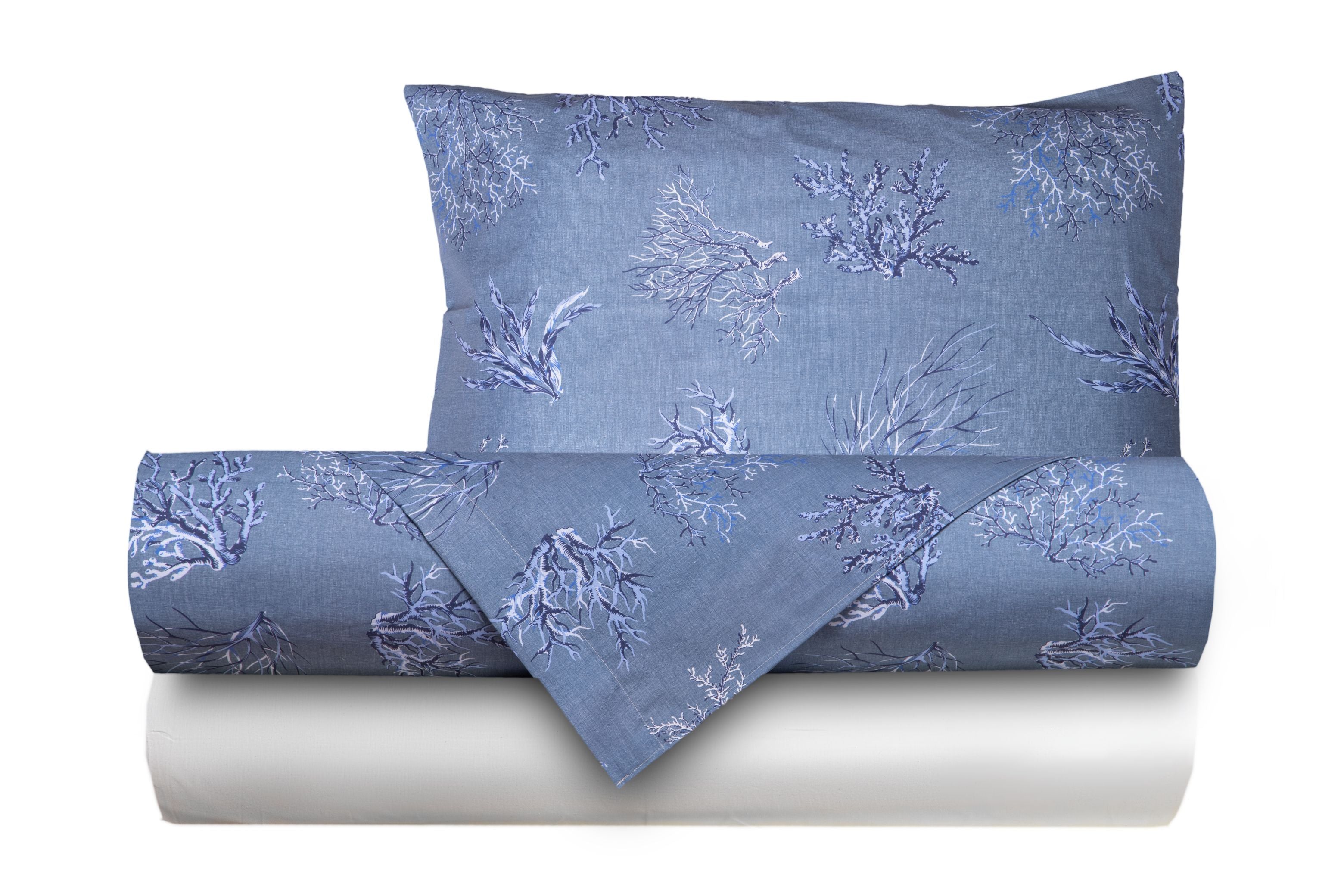 Completo letto lenzuola federe bifaccia double face stampa digitale in cotone made in italy OCEANO AZZURRO/BIANCO