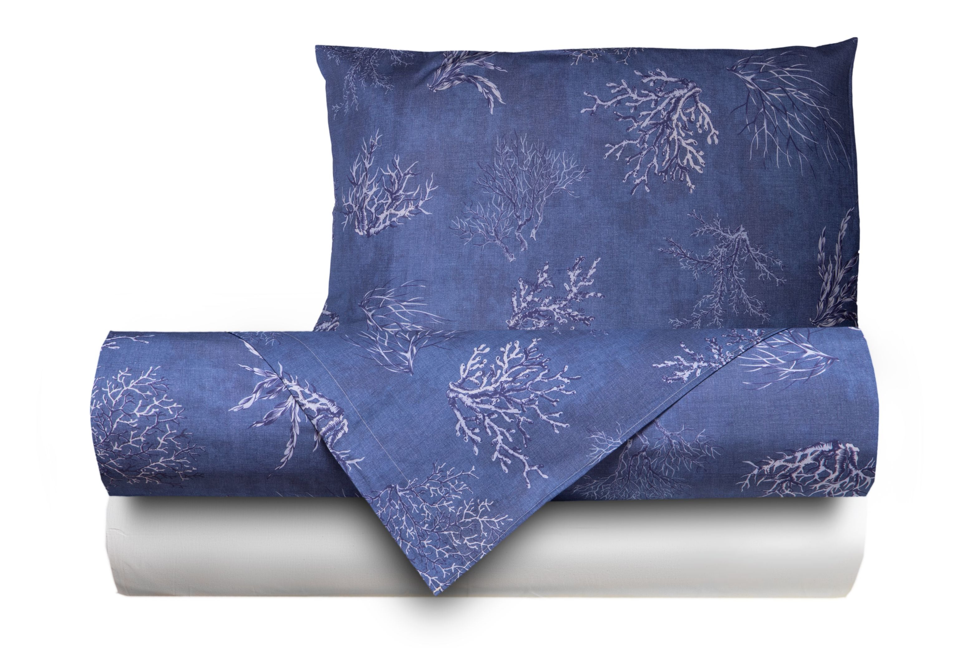 Completo letto lenzuola federe bifaccia double face stampa digitale in cotone made in italy  OCEANO BLU/BIANCO