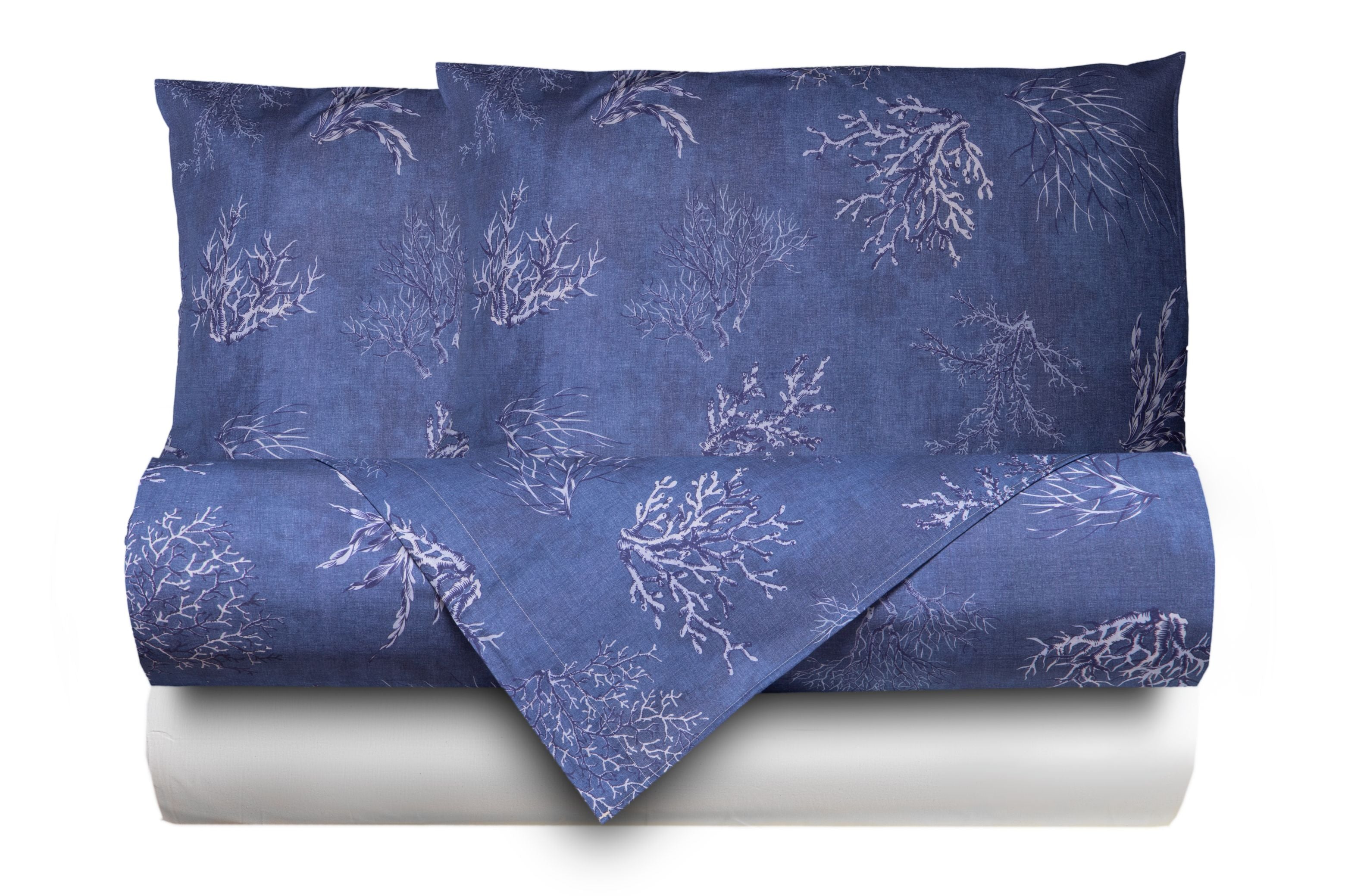 Completo letto lenzuola federe bifaccia double face stampa digitale in cotone made in italy  OCEANO BLU/BIANCO