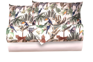 Completo letto lenzuola federe bifaccia double face stampa digitale in cotone made in italy  GIUNGLA/PANNA
