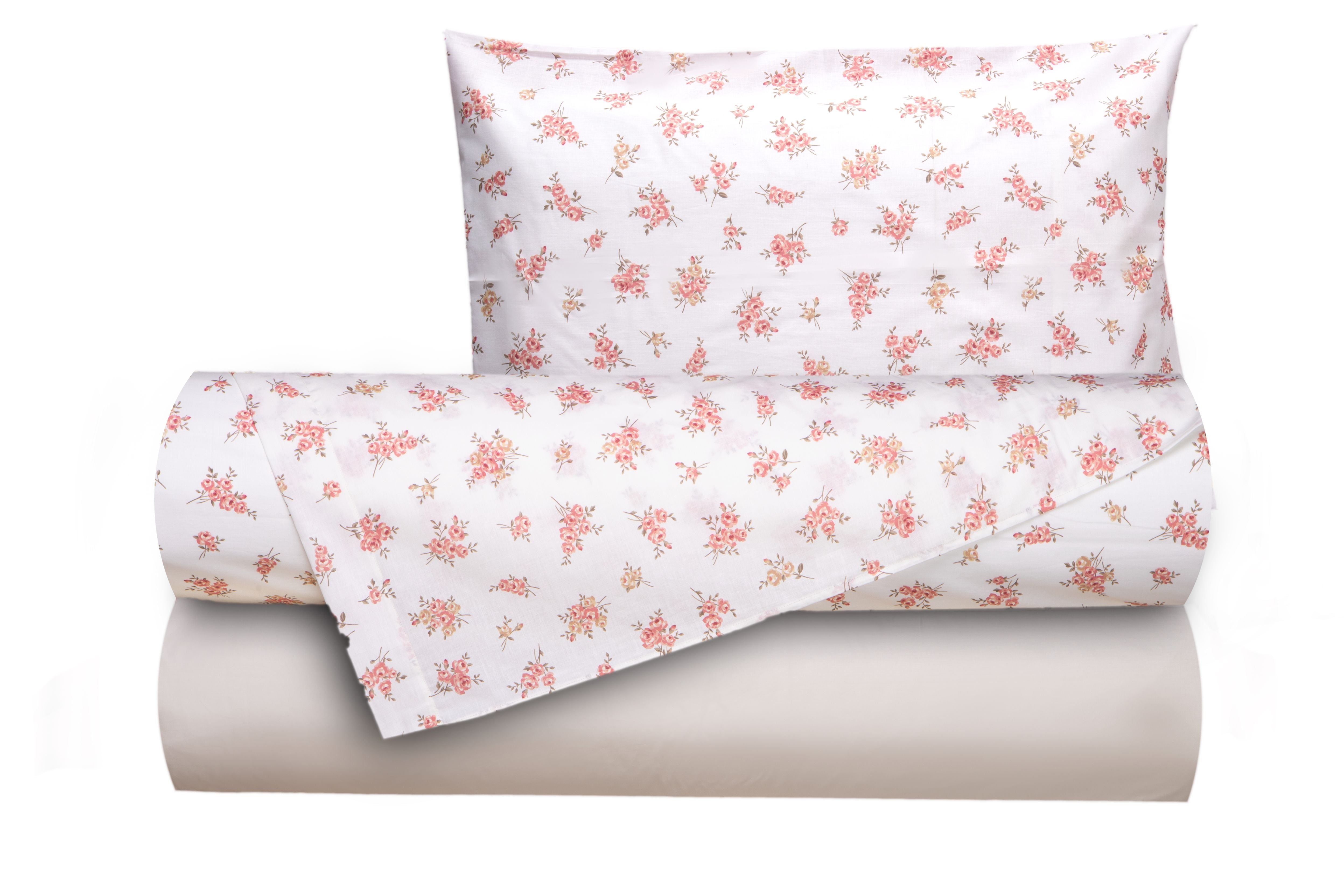 Completo letto lenzuola federe bifaccia double face stampa digitale in cotone made in italy FIORELLINI/PANNA