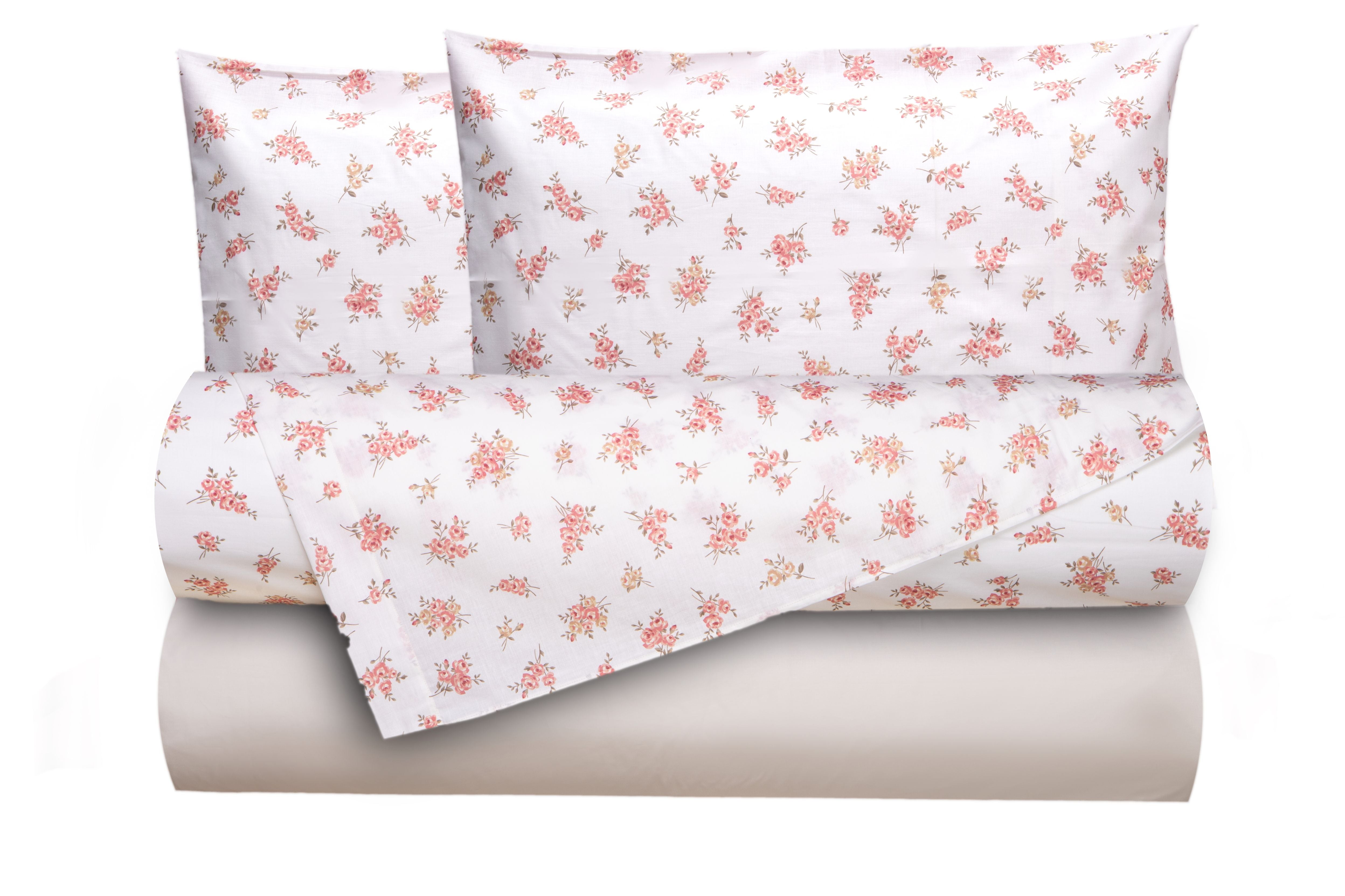 Completo letto lenzuola federe bifaccia double face stampa digitale in cotone made in italy FIORELLINI/PANNA