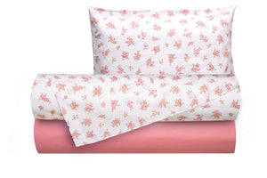 Completo letto lenzuola federe bifaccia double face stampa digitale in cotone made in italy  FIORELLINI/ROSA ANTICO
