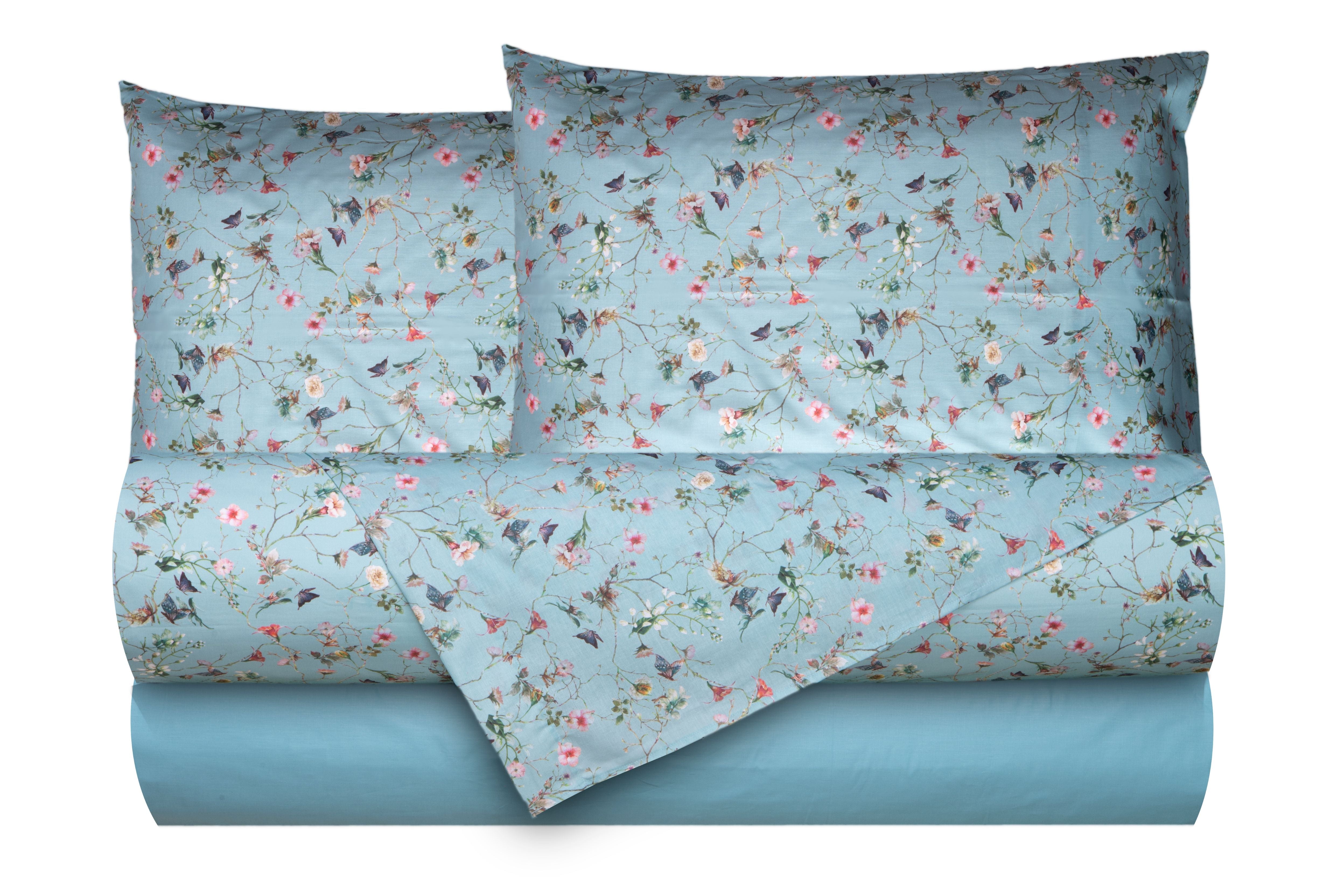 Completo letto lenzuola federe bifaccia double face stampa digitale in cotone made in italy RISVEGLIO DI PRIMAVERA/AZZURRO