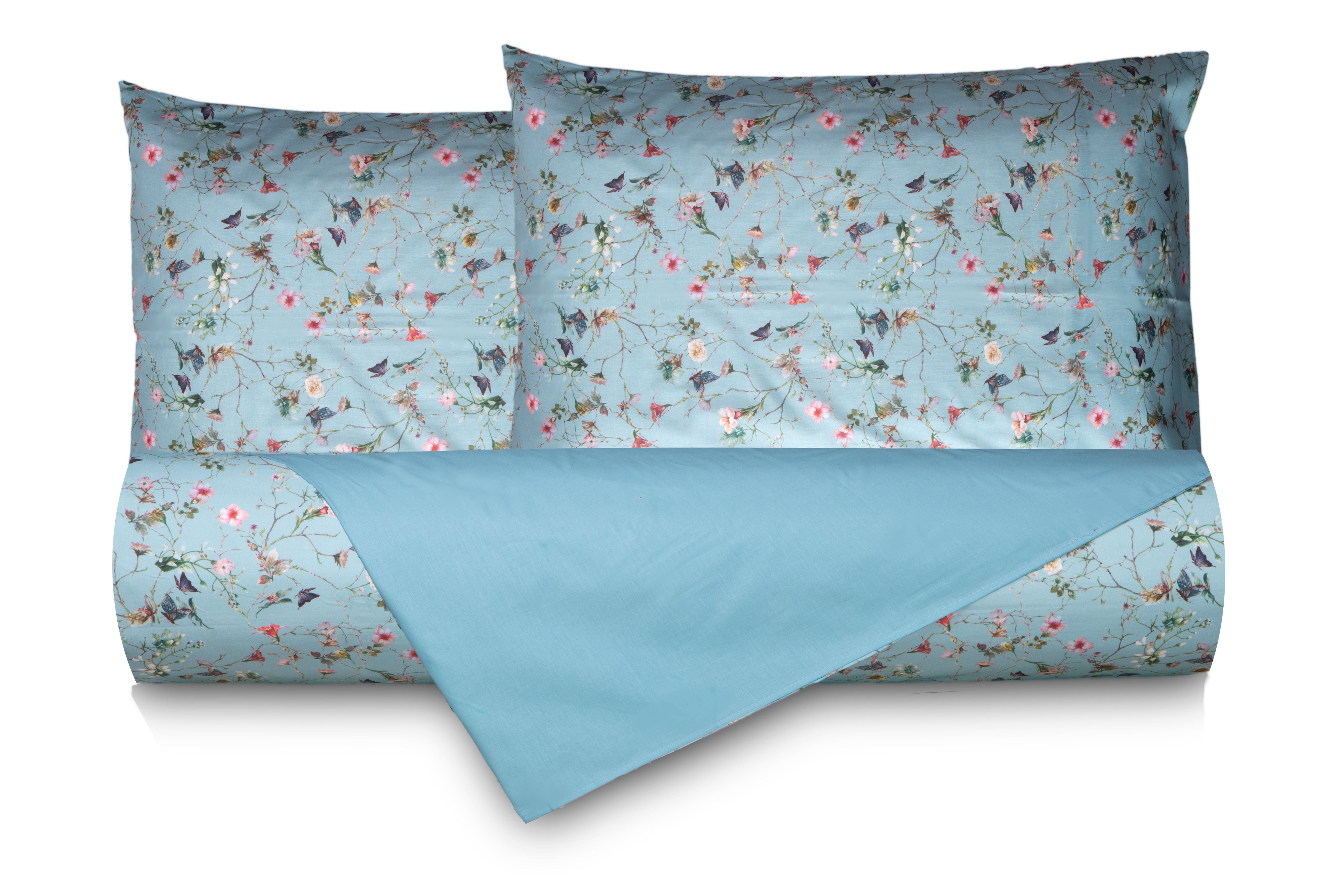 Set Copripiumino federe bifaccia Doubleface parure Copripiumino Stampa Digitale 100% Cotone Made in Italy RISVEGLIO DI PRIMAVERA/AZZURRO