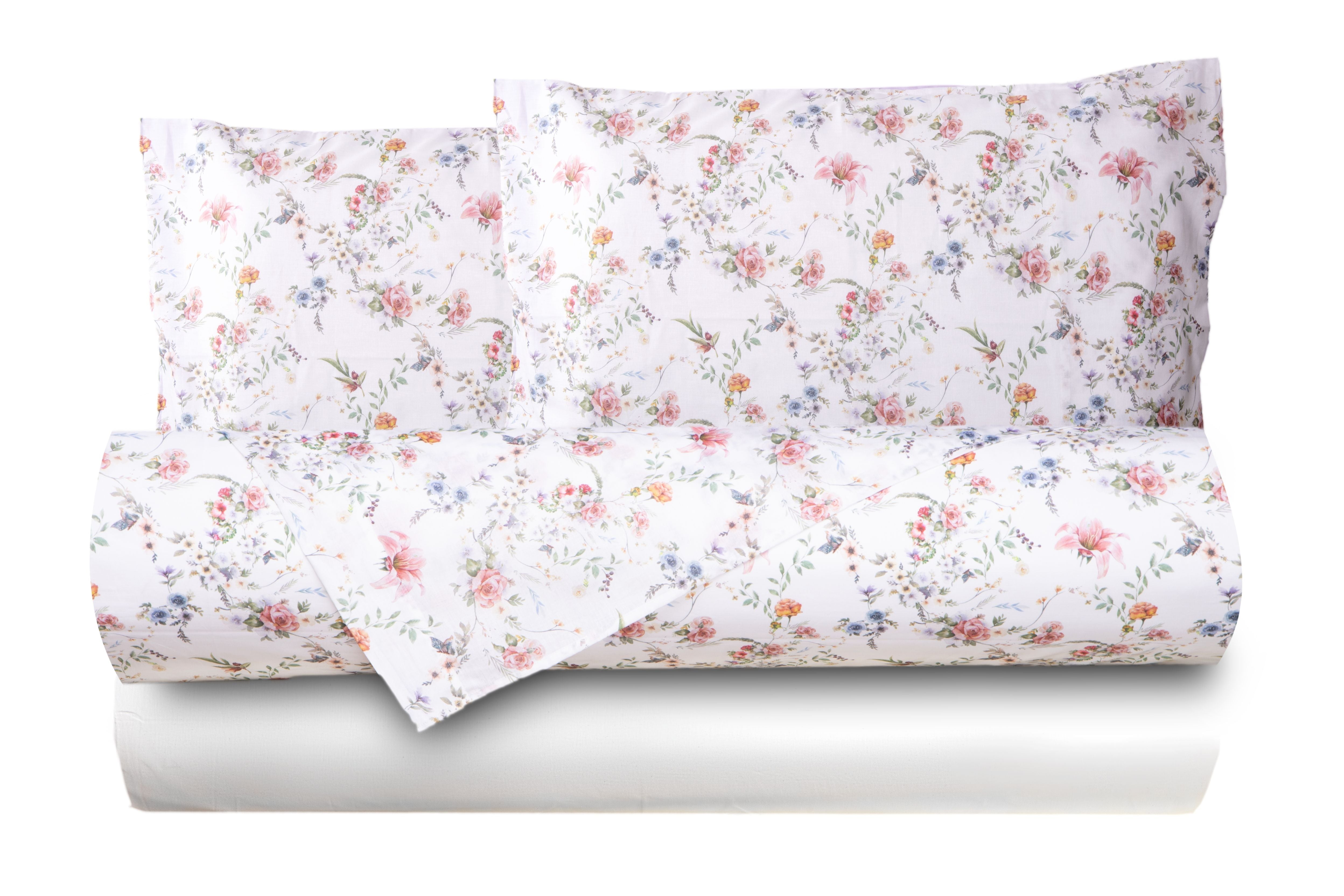 Completo letto lenzuola federe bifaccia double face stampa digitale in cotone made in italy SOTTOBOSCO/BIANCO