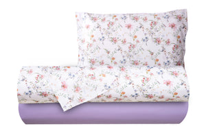 Completo letto lenzuola federe bifaccia double face stampa digitale in cotone made in italy SOTTOBOSCO/LILLA