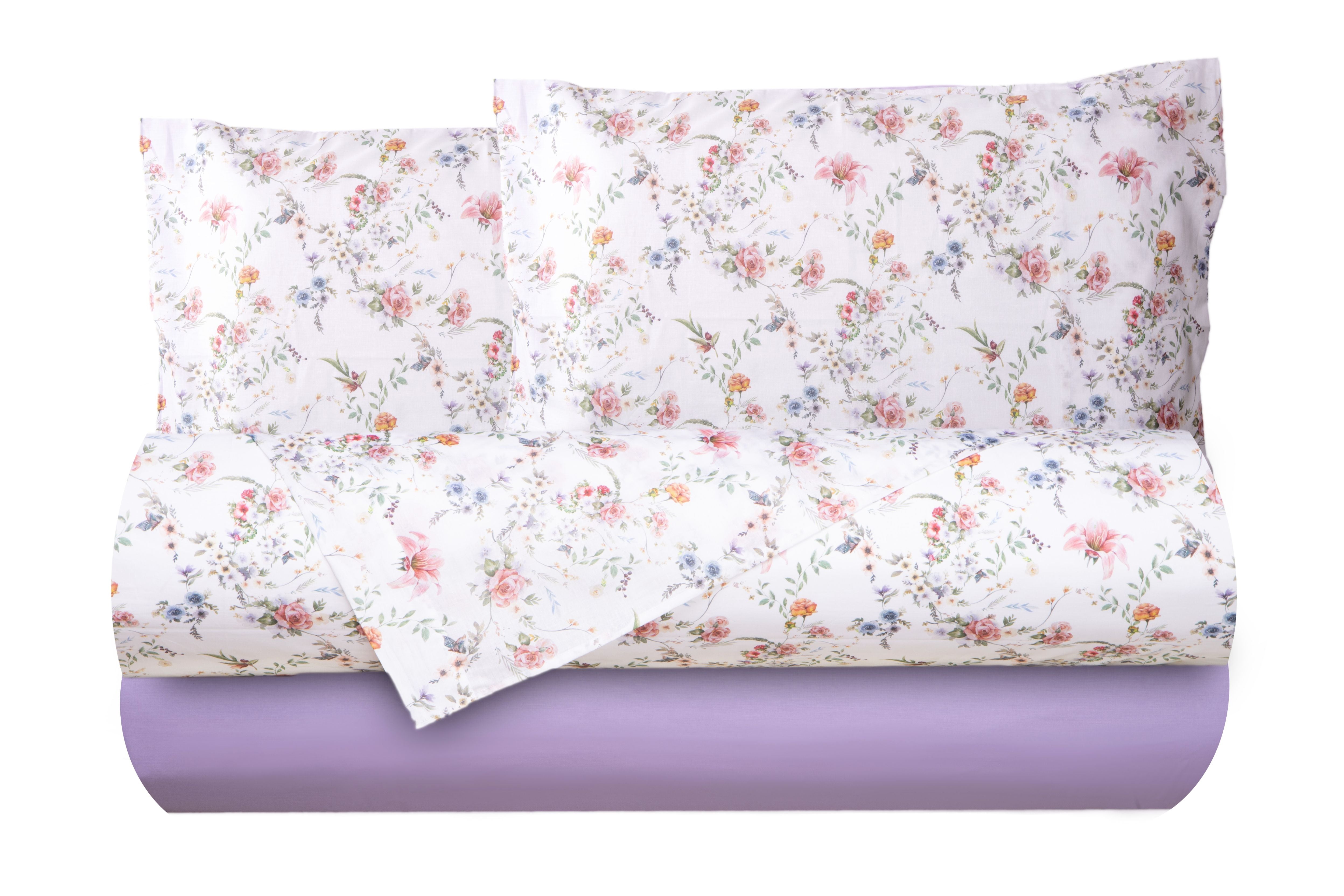 Completo letto lenzuola federe bifaccia double face stampa digitale in cotone made in italy SOTTOBOSCO/LILLA