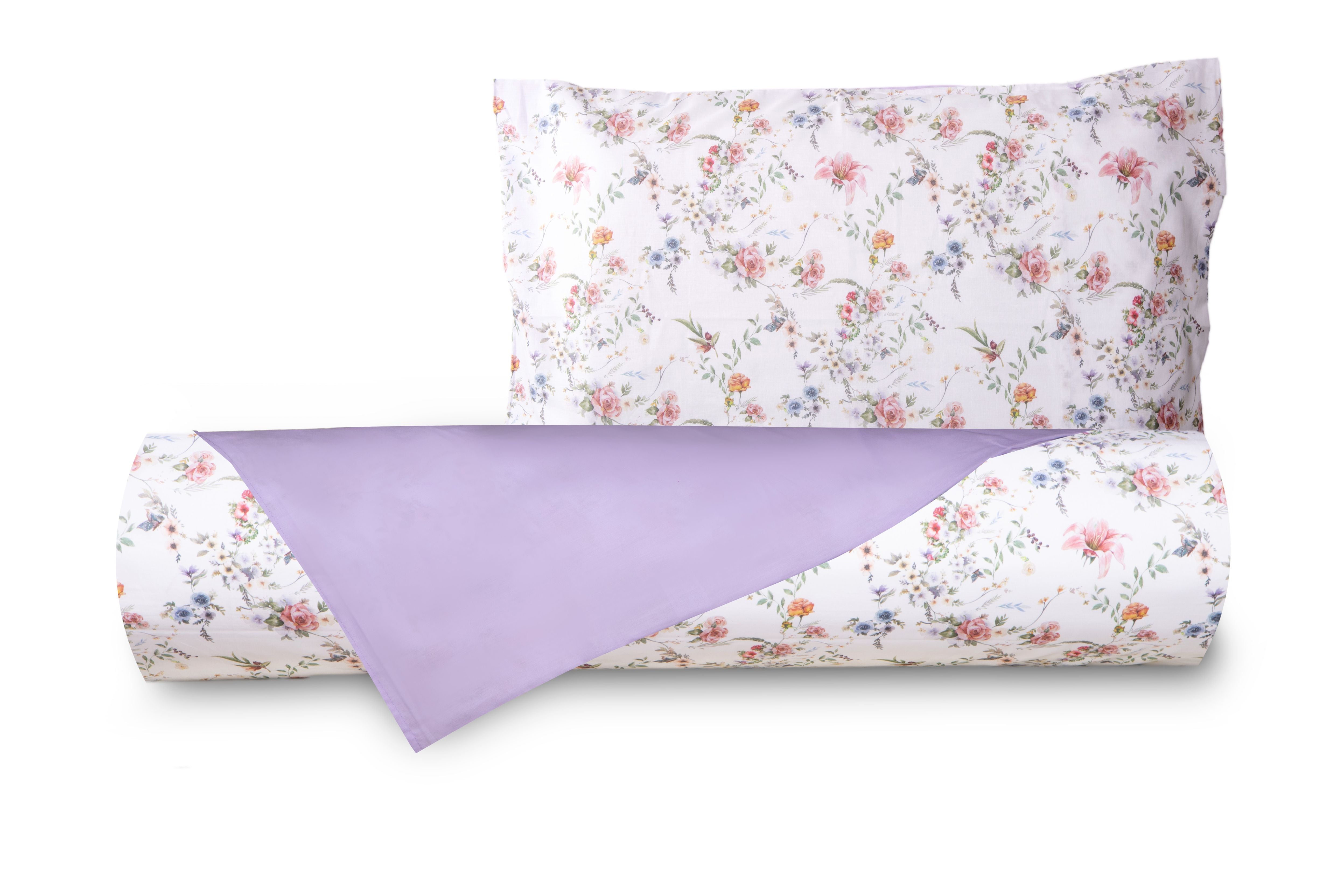 Set Copripiumino federe bifaccia Doubleface parure Copripiumino Stampa Digitale 100% Cotone Made in Italy SOTTOBOSCO/LILLA