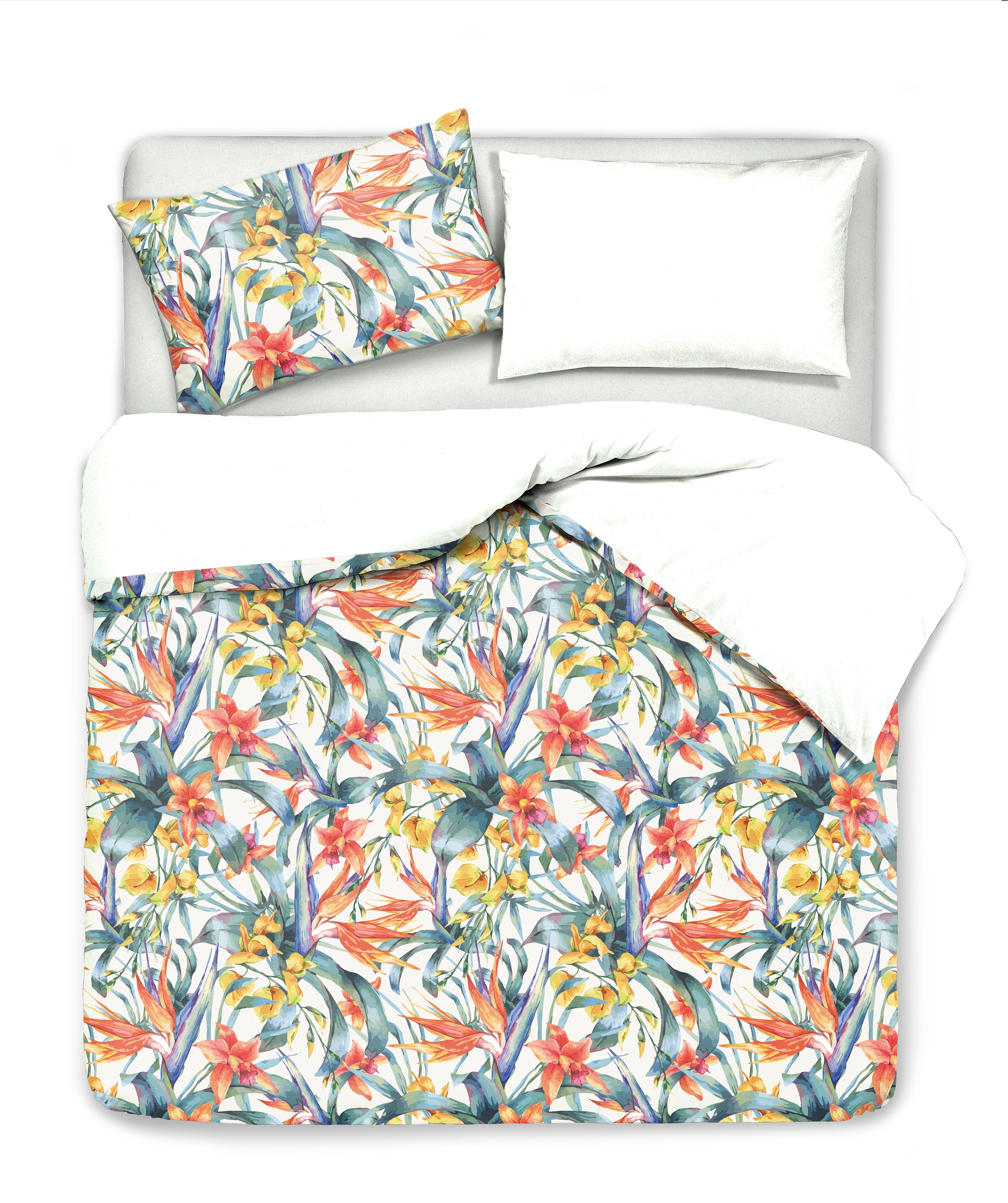 Set Copripiumino federe bifaccia Doubleface parure Copripiumino Stampa Digitale Cotone Made in Italy TROPICI/BIANCO