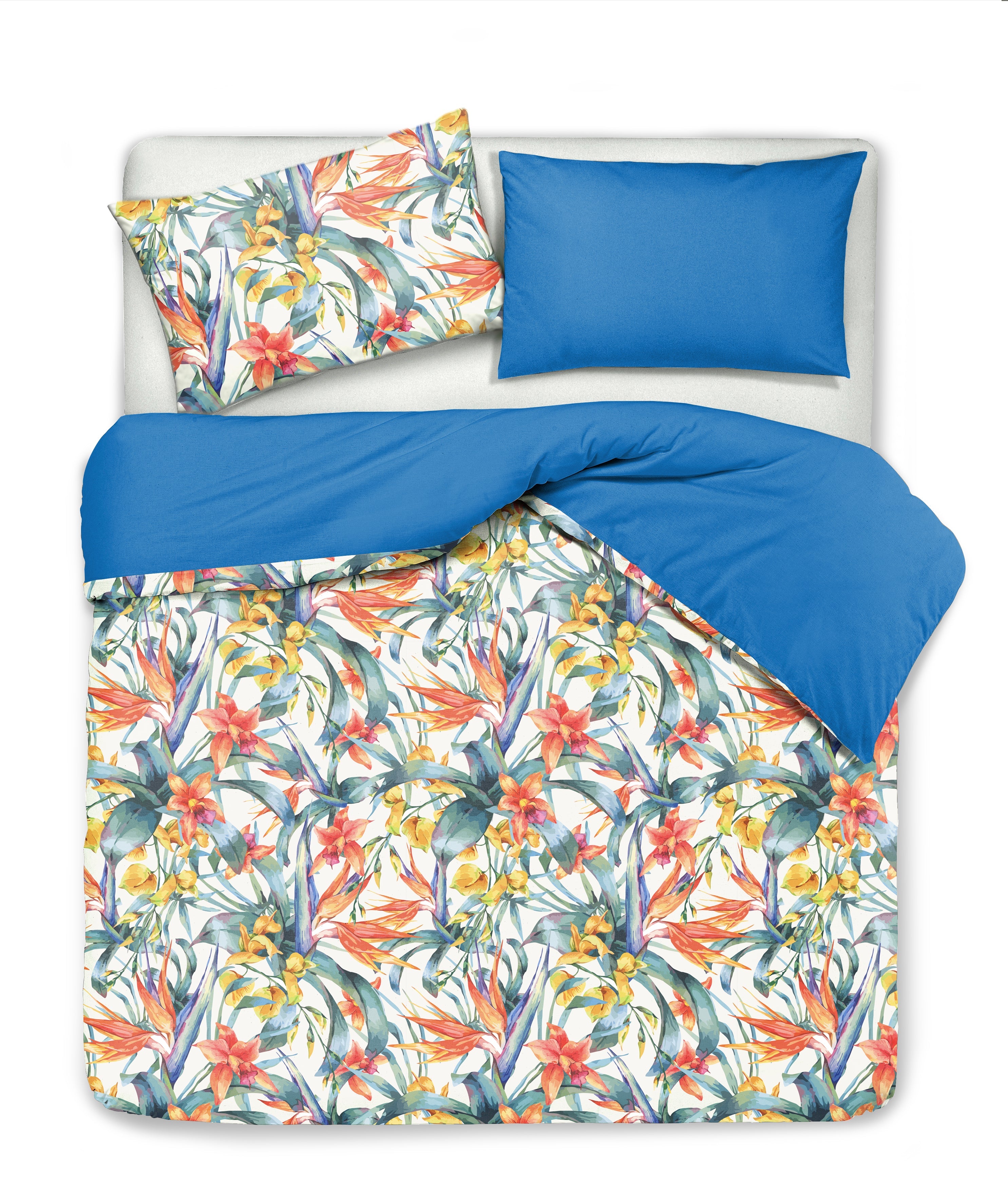 Set Copripiumino federe bifaccia Doubleface parure Copripiumino Stampa Digitale 100% Cotone Made in Italy TROPICI/BLUETTE