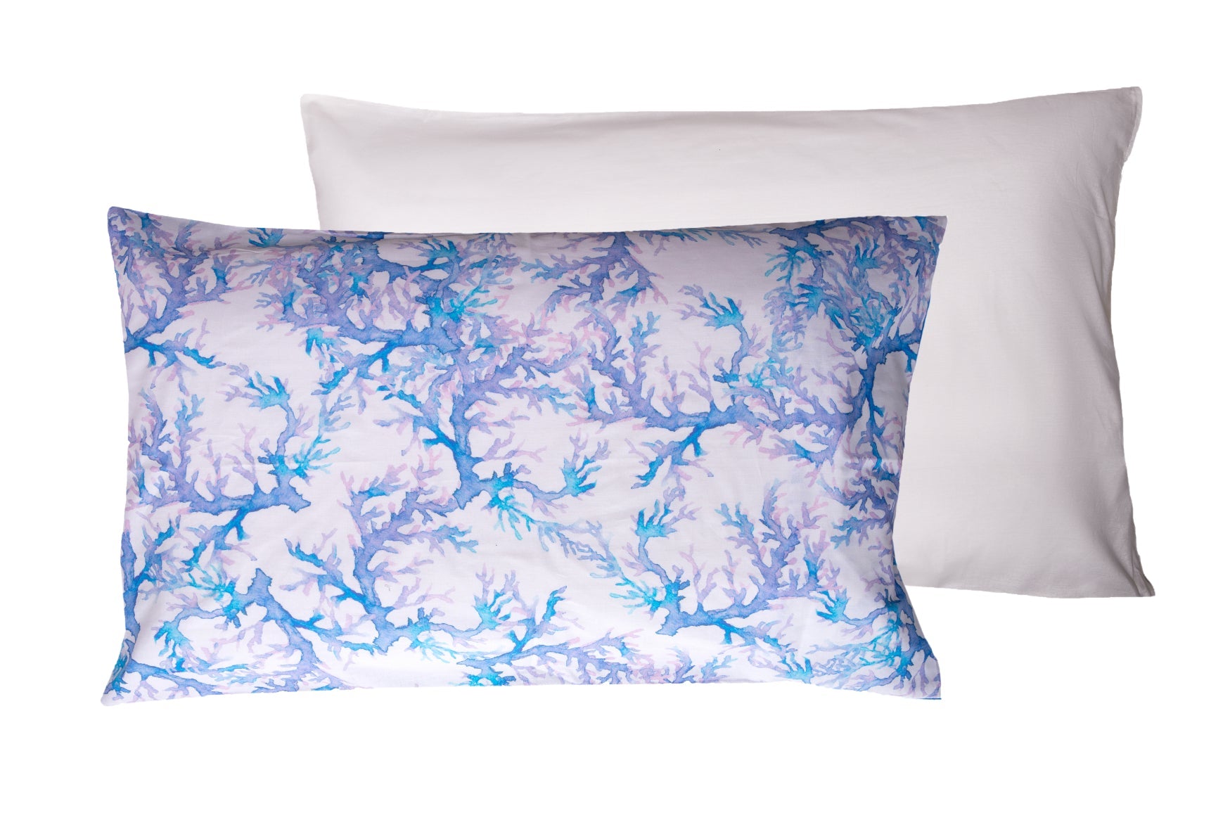 2 federe coppia di federe bifaccia doubleface stampa digitale cotone Made in Italy Corallo Acquarello Blu Bianco
