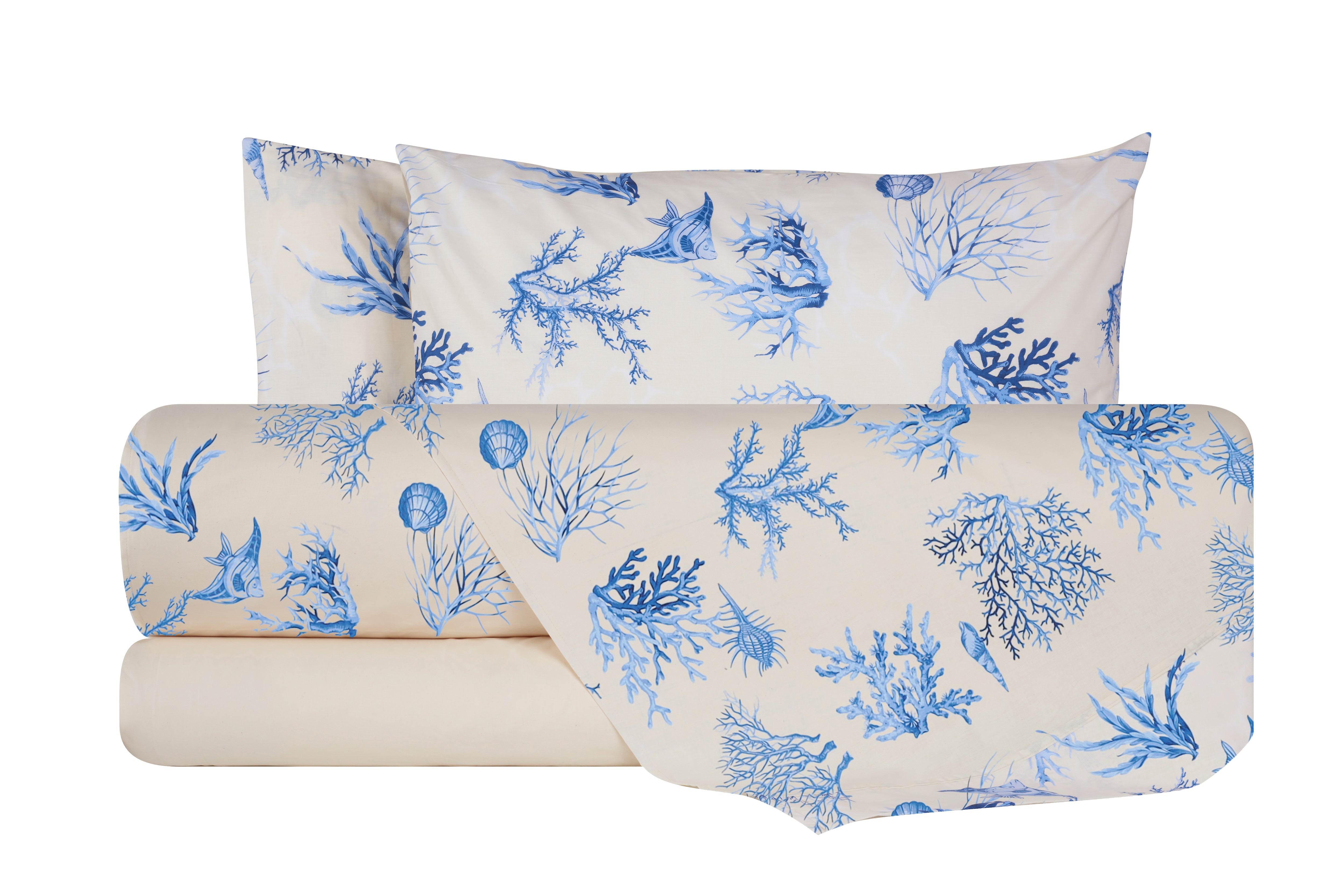 Completo letto lenzuola federe bifaccia double face stampa digitale in cotone made in italy  CORALLI BLU /NATURALE