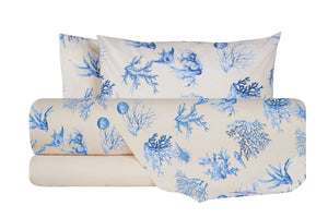 Completo letto lenzuola federe bifaccia double face stampa digitale in cotone made in italy  CORALLI BLU /NATURALE