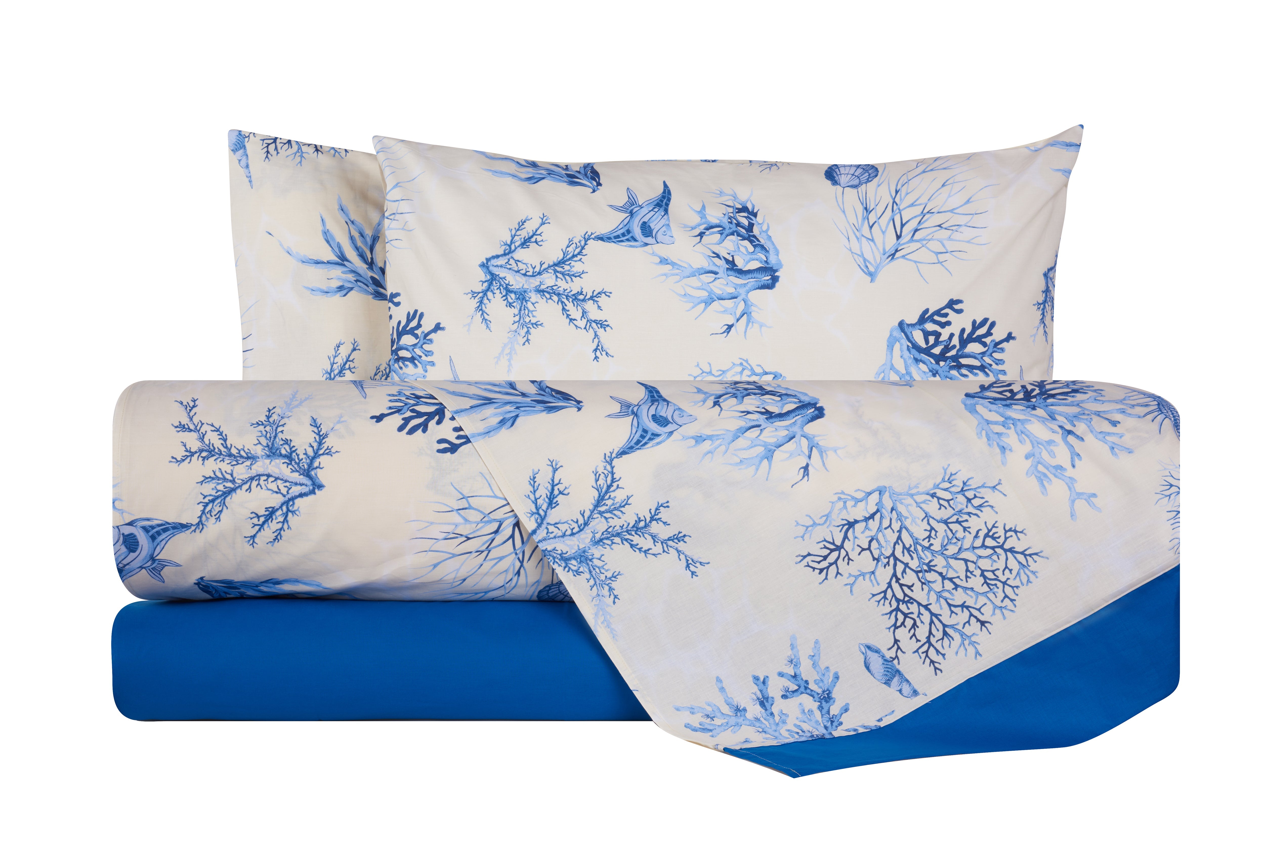 Completo letto lenzuola stampato Coralli Blu con bordo Tinta unita Bluette cotone made in Italy CORALLI BLU / BLUETTE