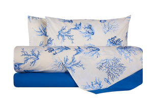 Completo letto lenzuola stampato Coralli Blu con bordo Tinta unita Bluette cotone made in Italy CORALLI BLU / BLUETTE